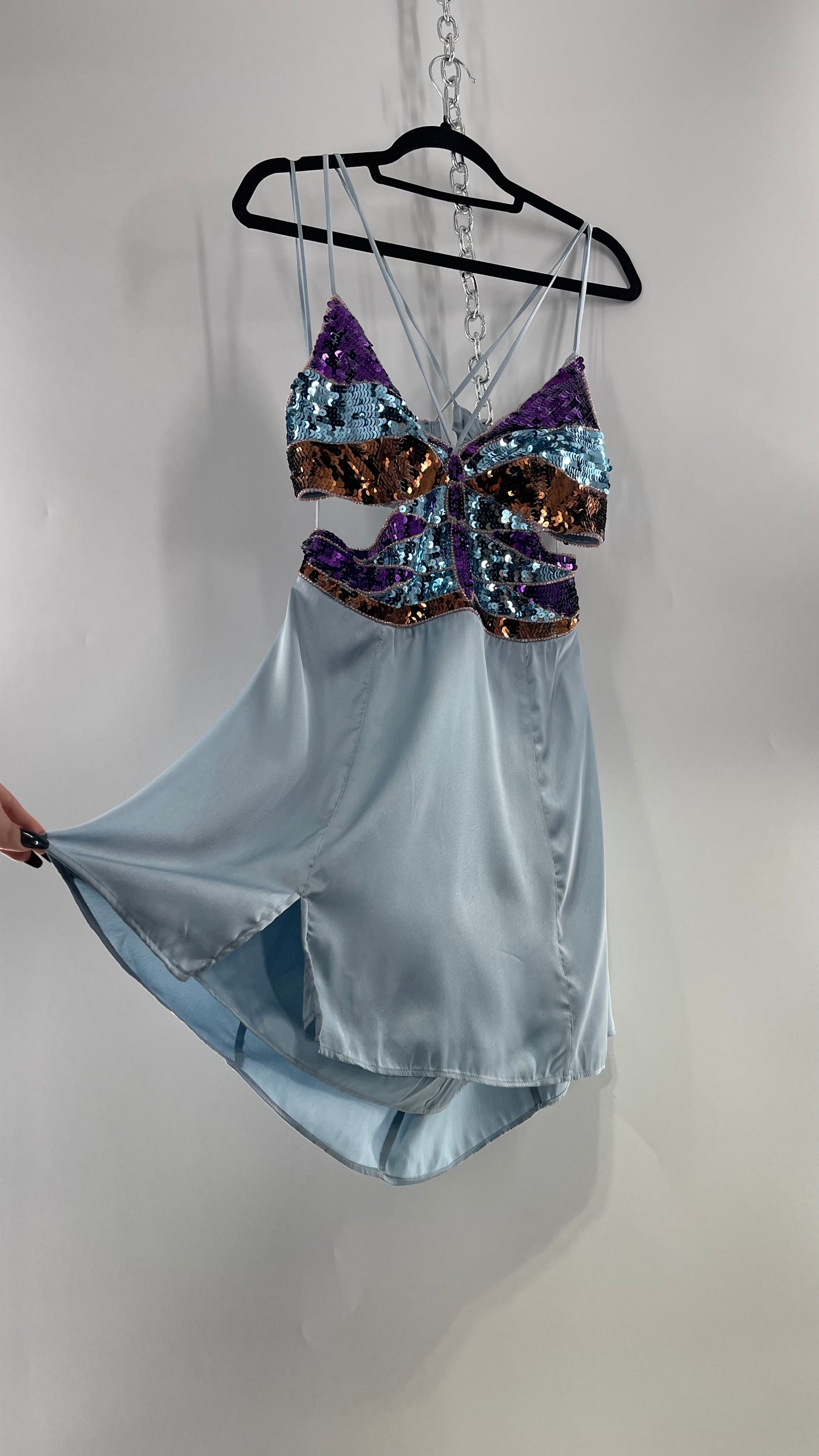 Urban Outfitters Light Blue Satin Butterfly Sequin Size L