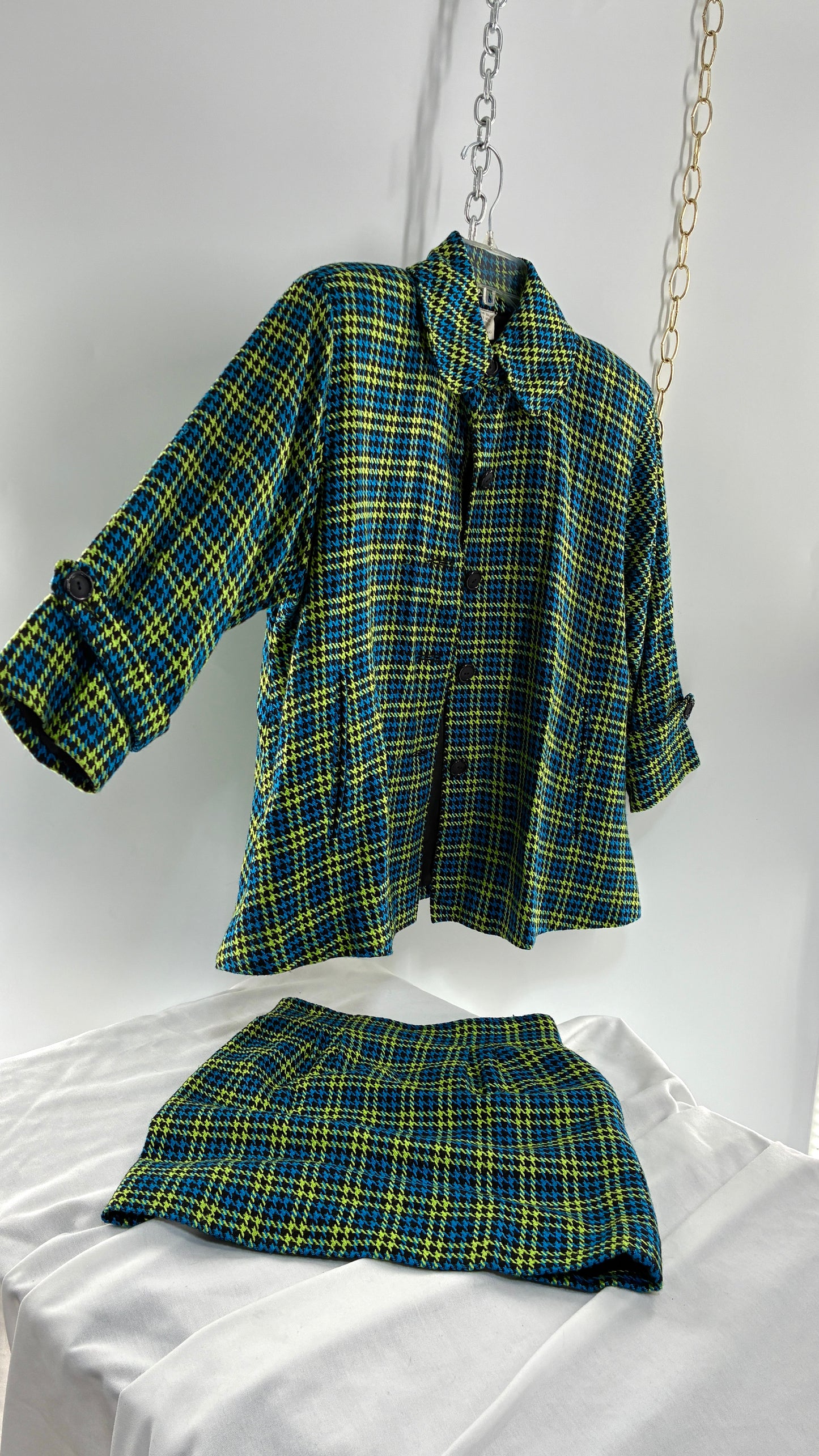 Vintage HONG KONG Wool Blend Neon Green and Blue Plaid Jacket and Micro Mini Set (Small)