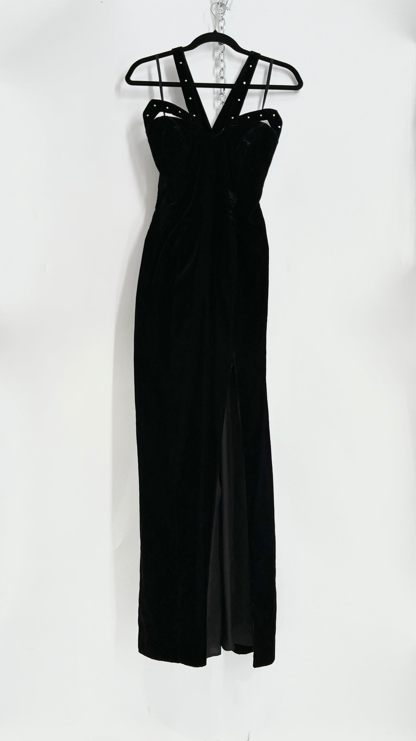 Vintage Handmade Velvet Gown with Pointed Bust Lined in Rhinestones and Dramatic Side Slit (S/M)