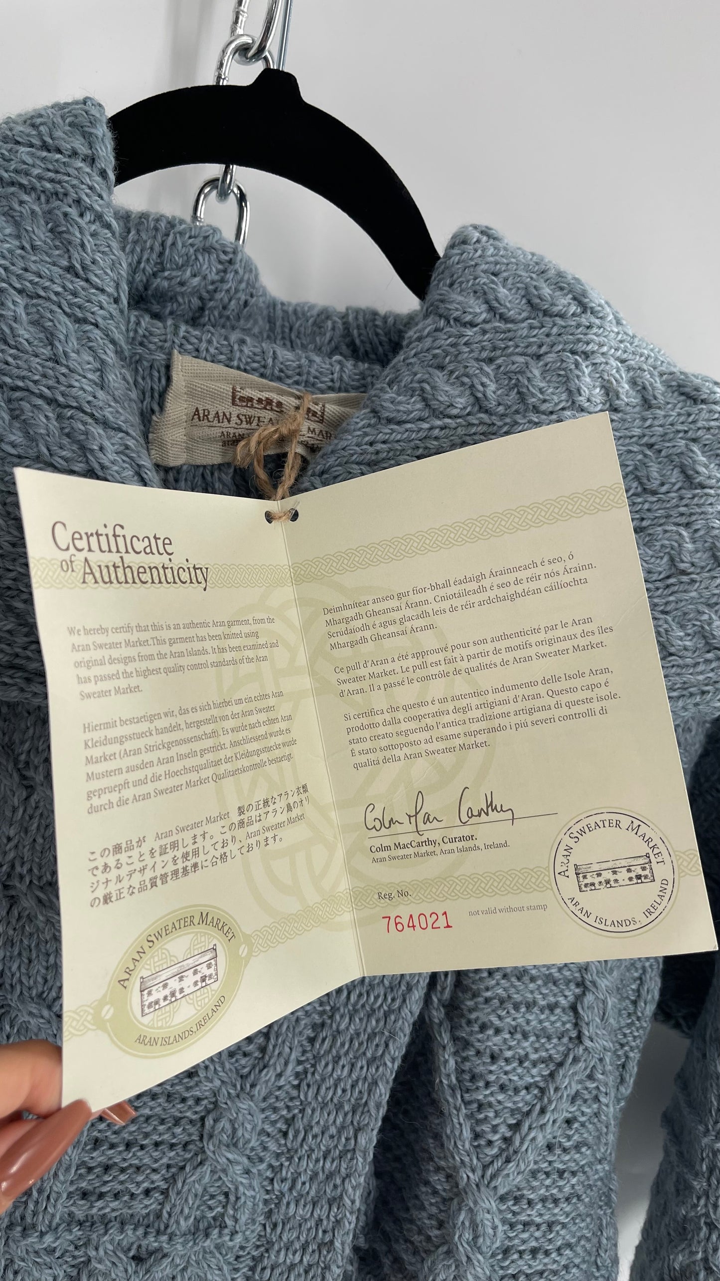 Authentic Irish Aran Sweater Market Slate Blue Aran Stitch Sweater with Oversized Wooden Button Detail and Certificate of Authenticity (Small)