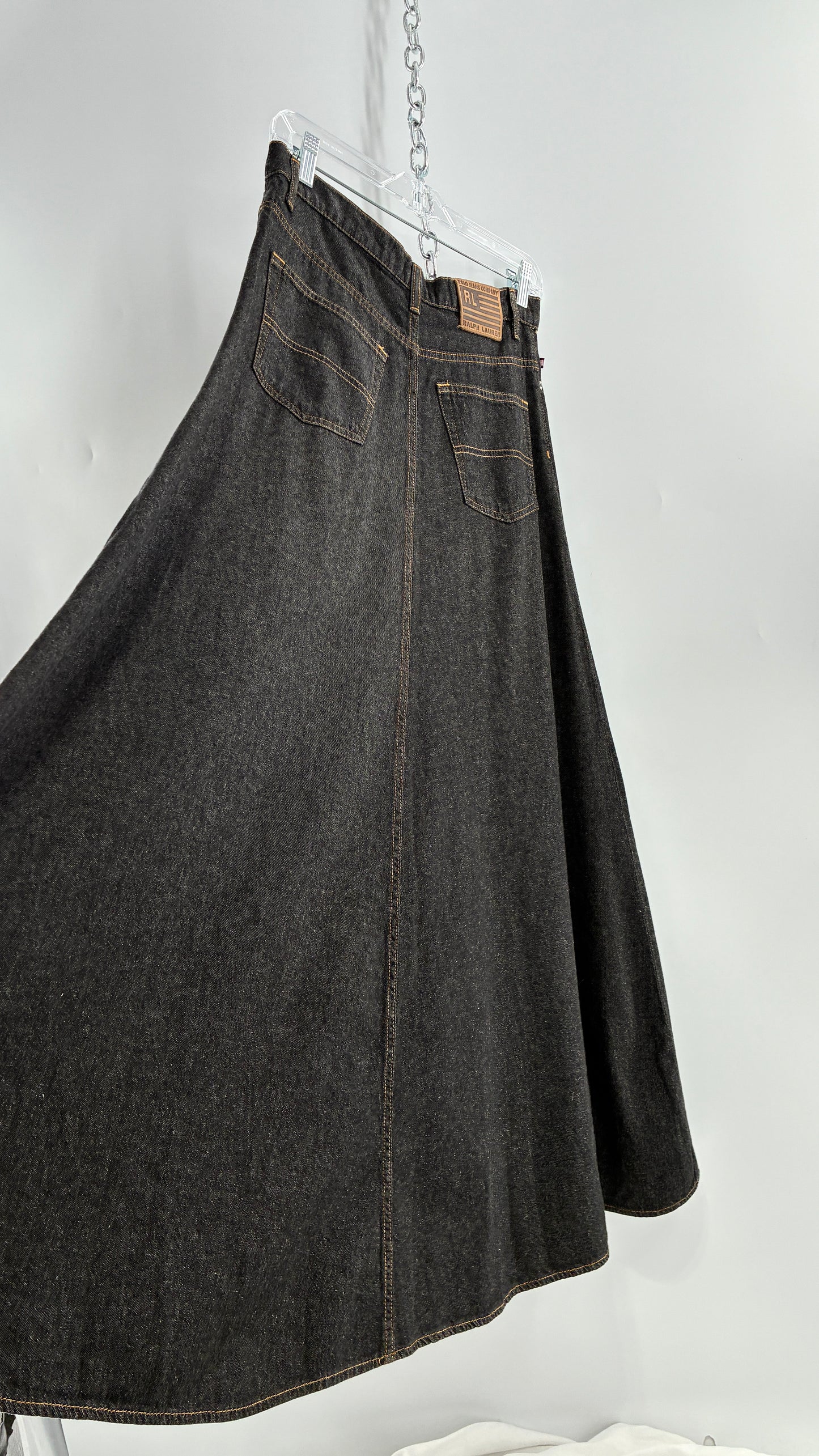Vintage Ralph Lauren 100% Cotton Dark Wash Denim Full Length Skirt  (6)