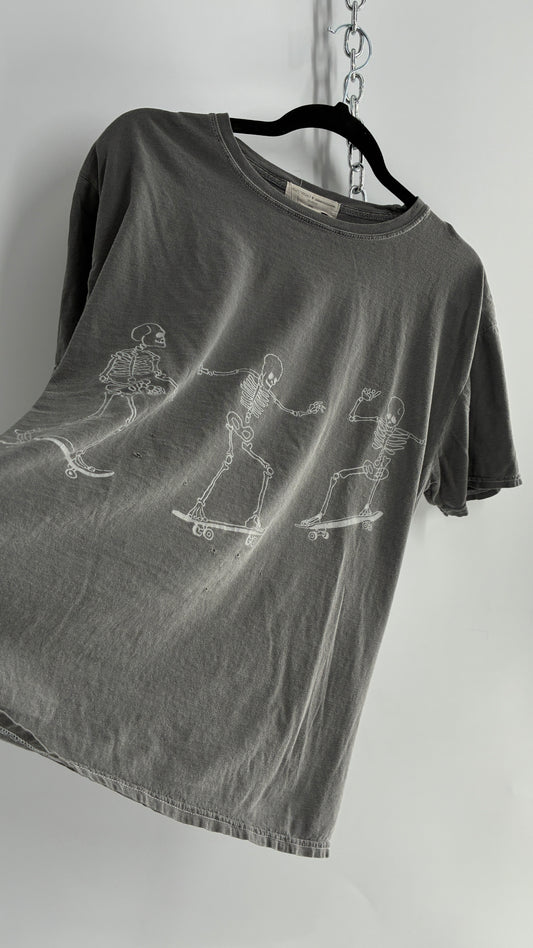 Project Social T Urban Outfitters Grey Distressed Skating Skeletons T Shirt (One Size)
