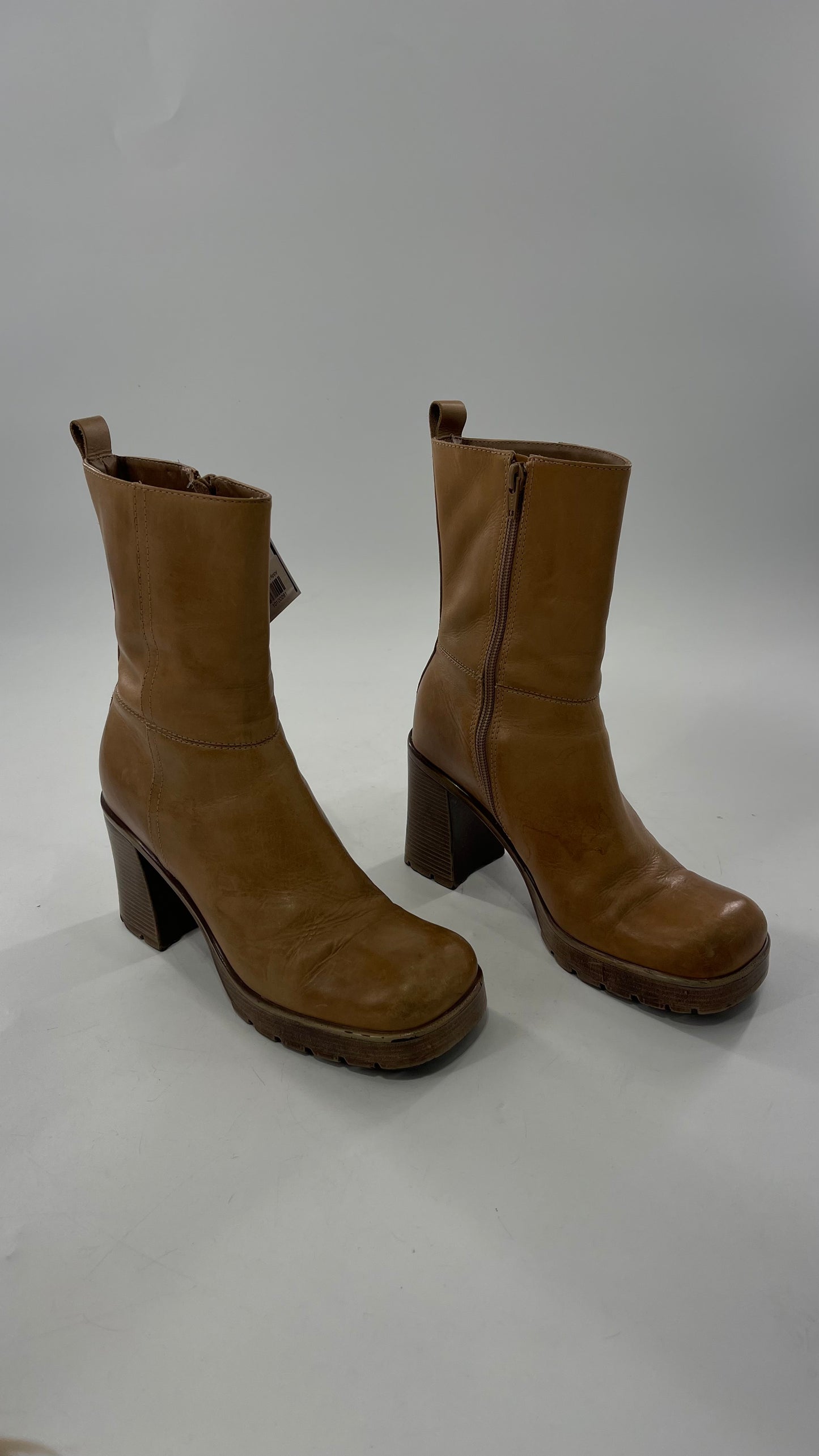 Vintage 90s Steve Madden Tan Leather Funky Square Toe Boot with Platform and Chunky Heel