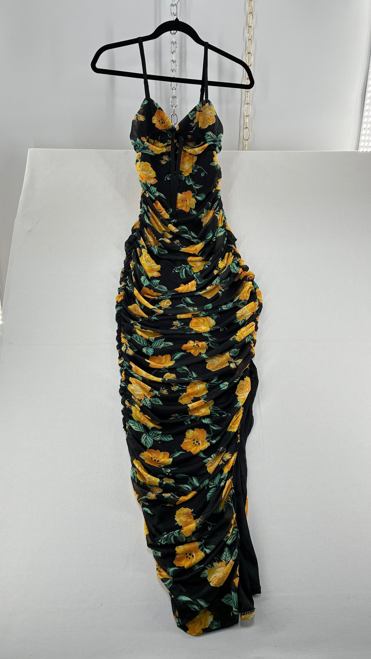 Vintage VÊNUS Floral Black, Yellow Ruched Full Length Dress (XS)