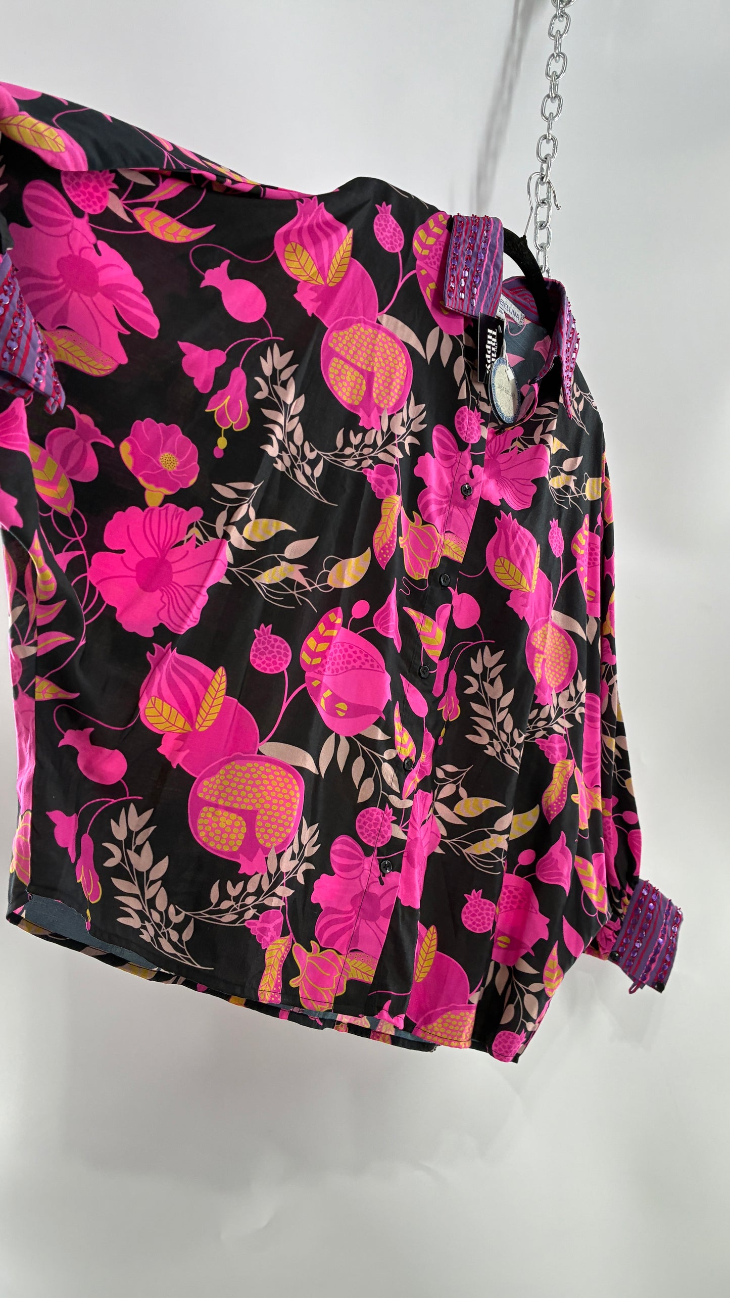 JUST BELLINA Black Oversized Blouse with Exaggerated Sleeves, Embroidered Collar and Tags Attached (XS)