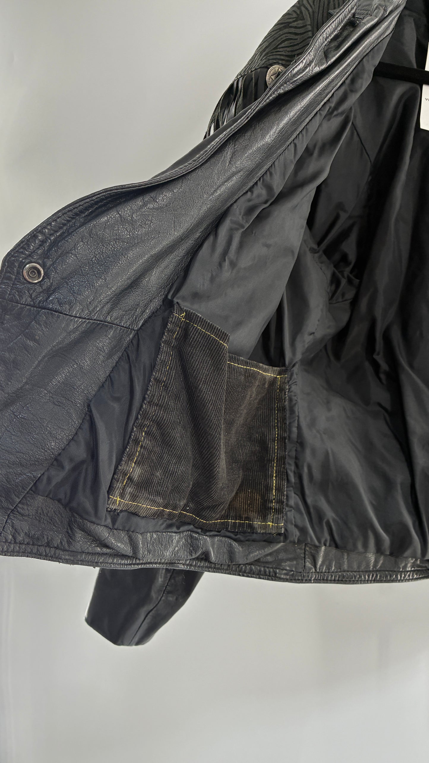 Vintage BERMAN’S Black Genuine Leather Fringe Motorcycle Jacket with Tie Up Cuffs (Large)