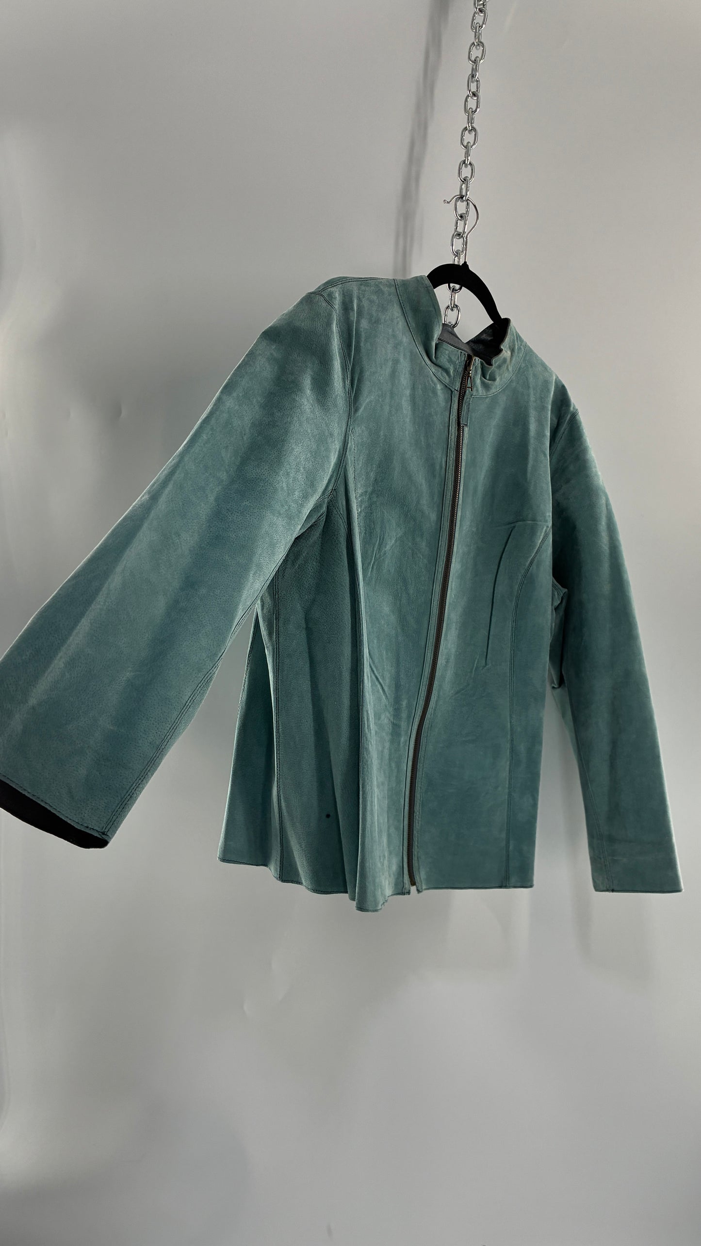 Vintage 1990s Metallic Blue Genuine Leather and Suede Reversible Thin, Zip Up Moto Jacket (XXL)