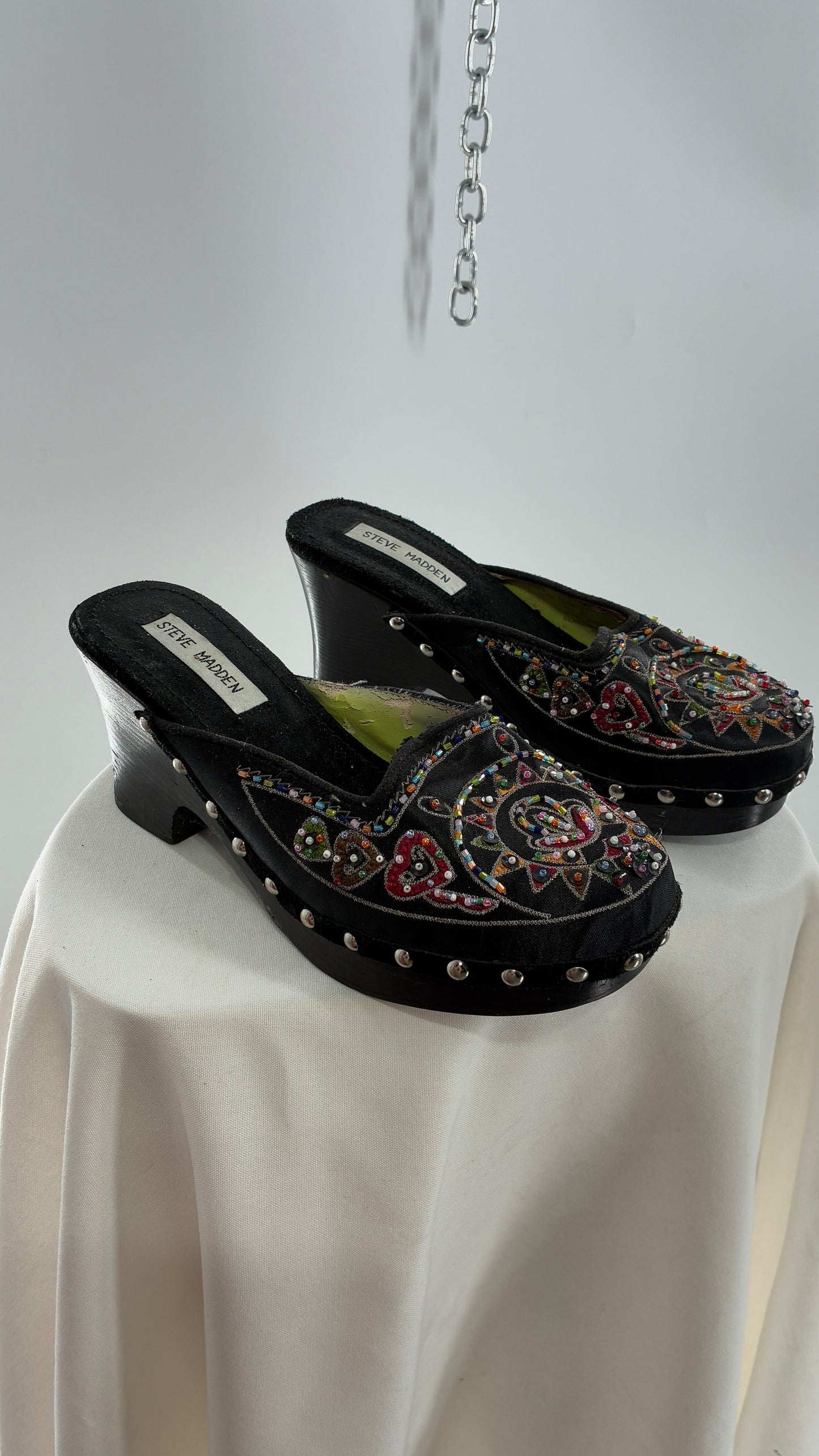 Vintage 1990s STEVE MADDEN Black Wooden Heel Clogs with Embroidered and Beaded Design (7.5)