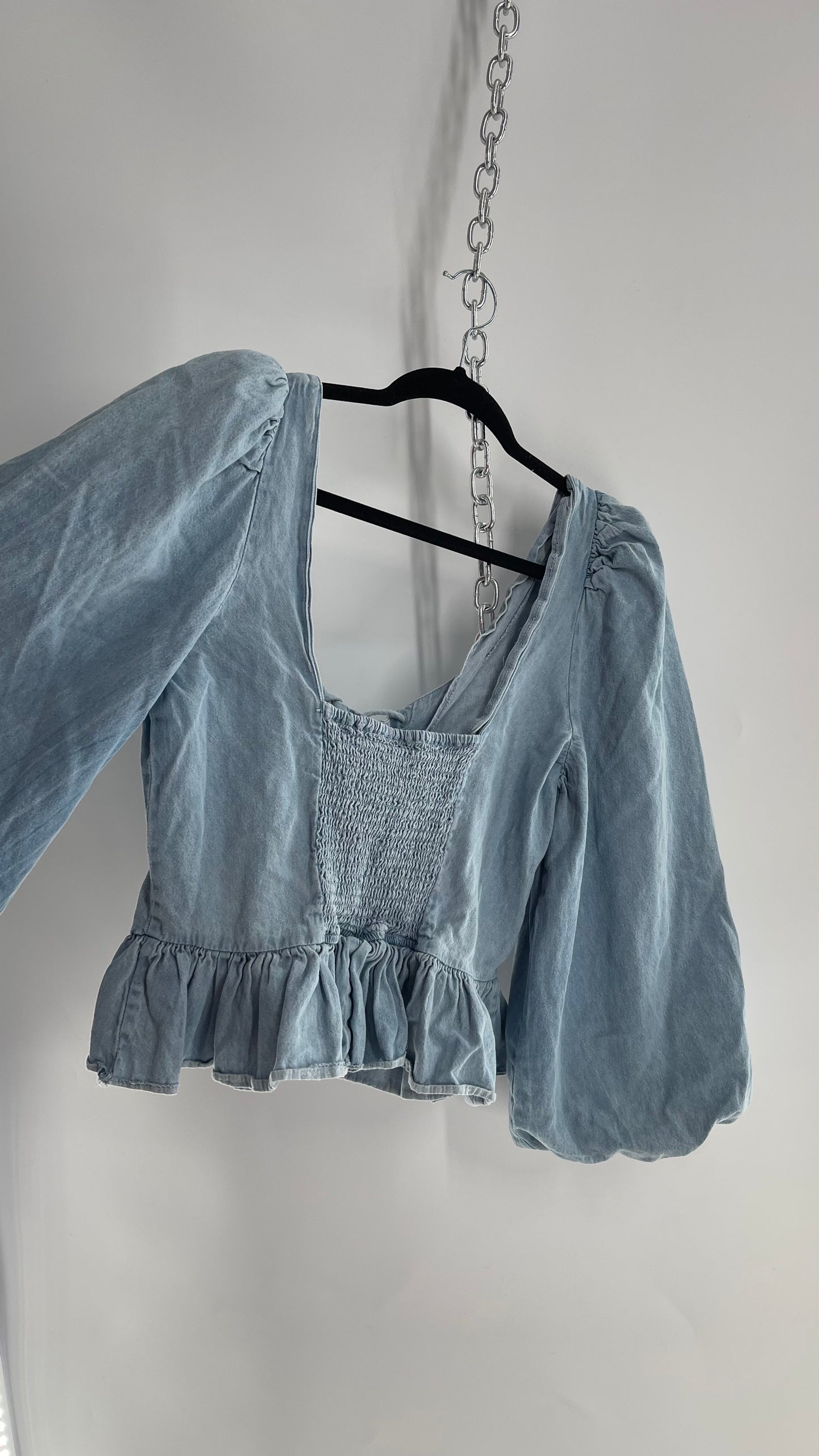 Love the Label Light Wash Denim Puff Sleeve, Ruffled Waist, Tie Bust Blouse (Large)