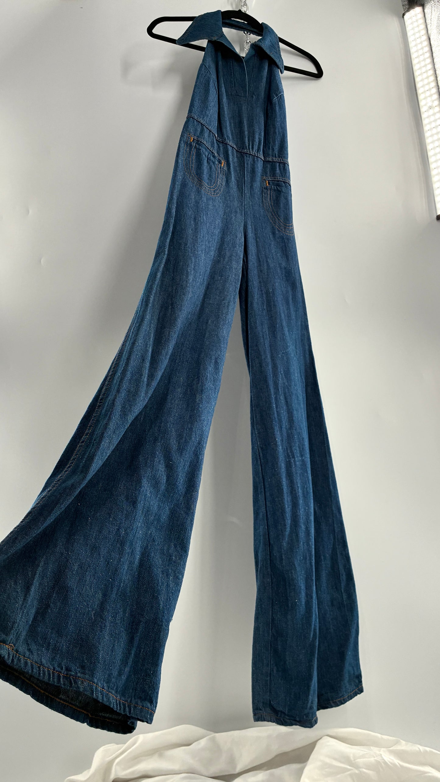 RARE Vintage 1970s Landlubber Medium Wash Denim, Sleeveless Halter, Wide Leg Bell Bottom, Jumpsuit (No Size on Tag, XS)