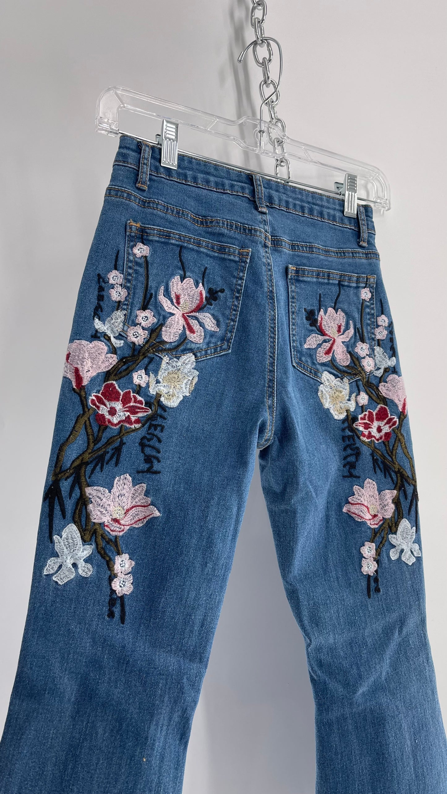 Medium Wash Denim Flares with Floral Embroidery (XS 0/2)