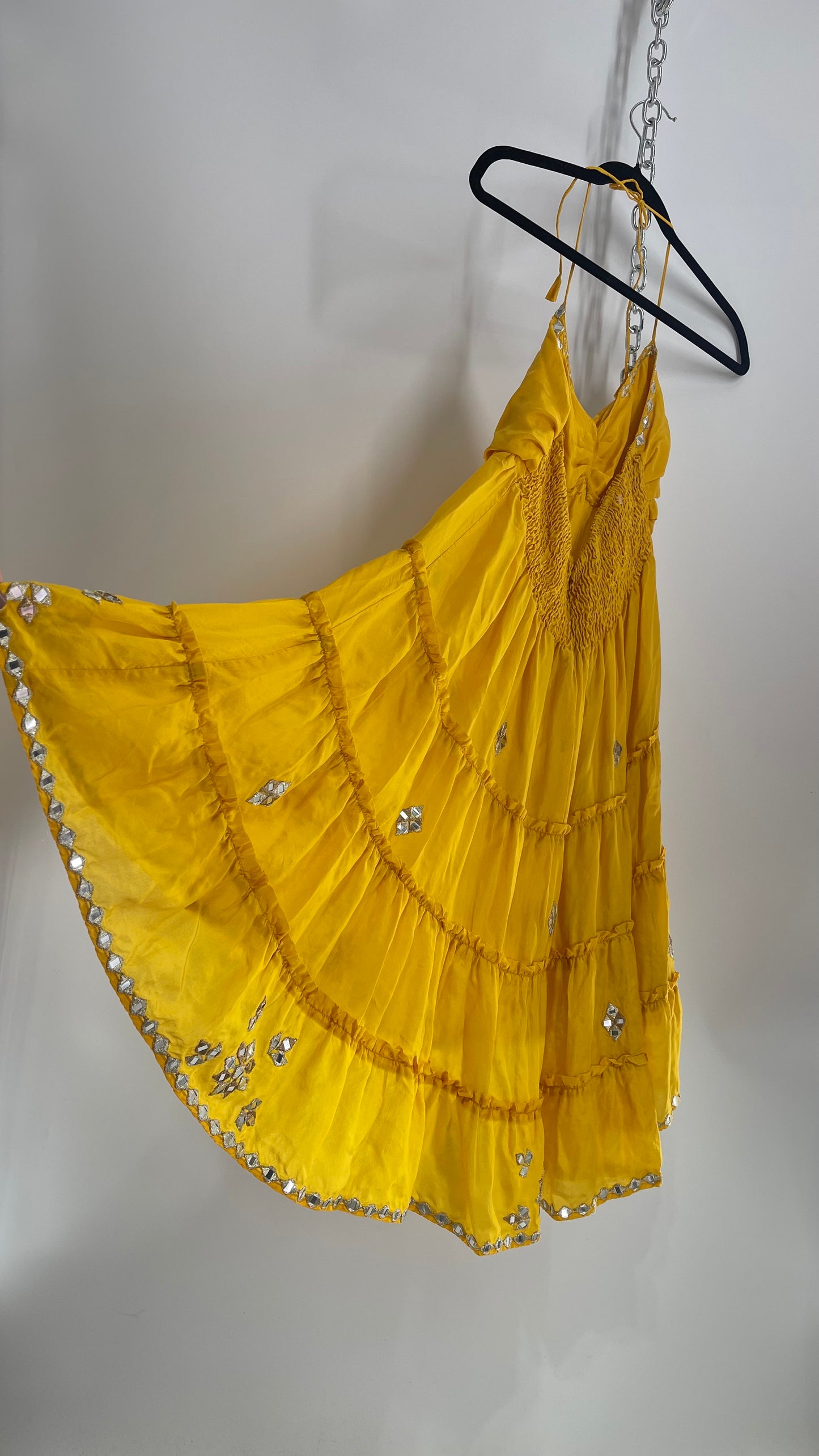 Vintage Juliet Dun Silky Yellow Tiered Dress with Mirror Details (2)