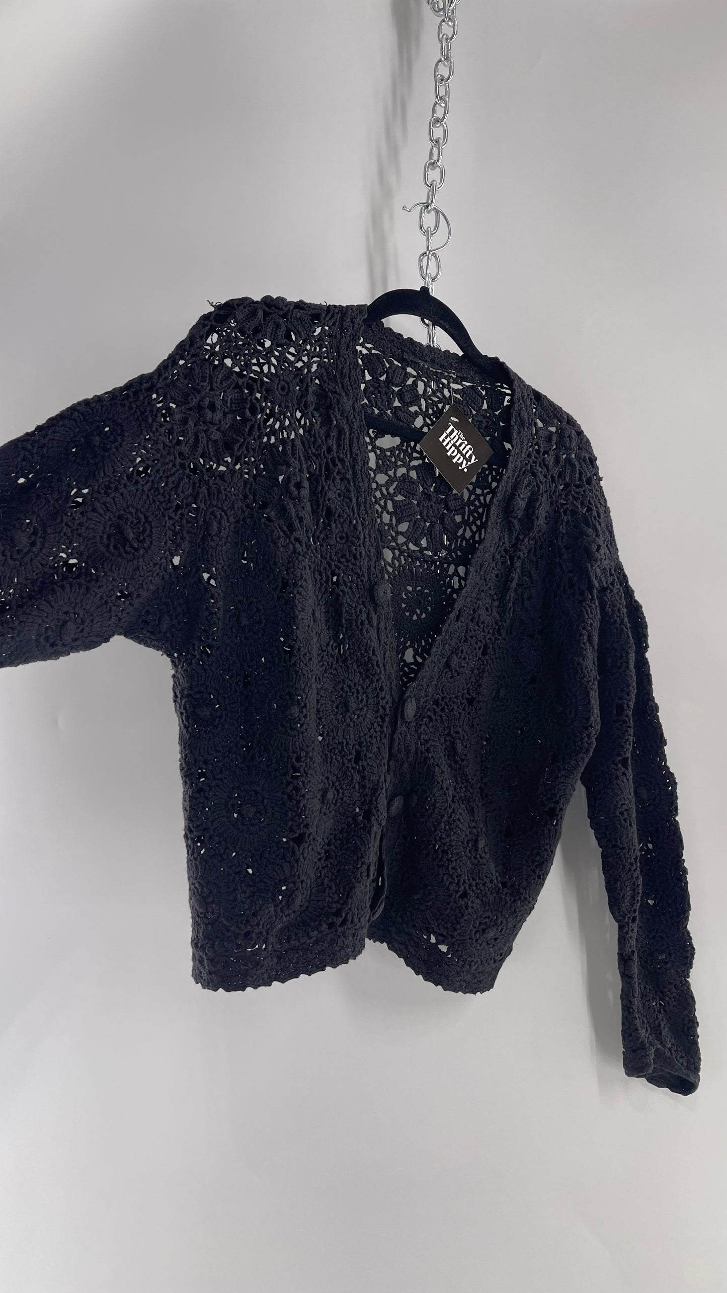 Vintage Black Handmade Crochet Cardigan (Medium)