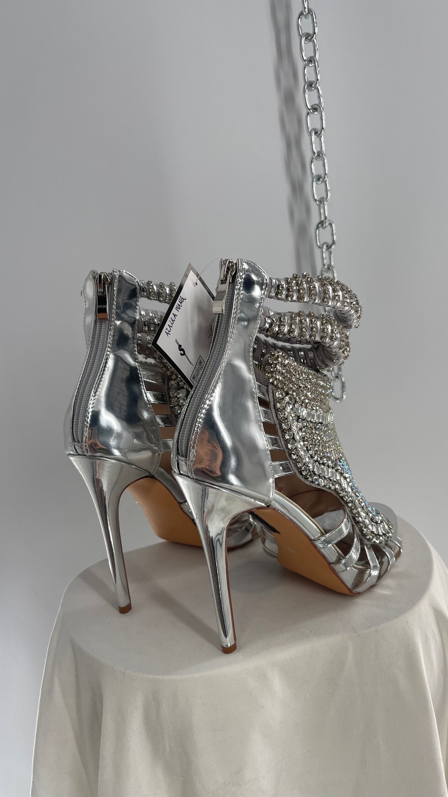 AZALEA WANG Platinum Silver Pusher Crystal Rhinestone Embellished Heel with Ankle Straps (10)