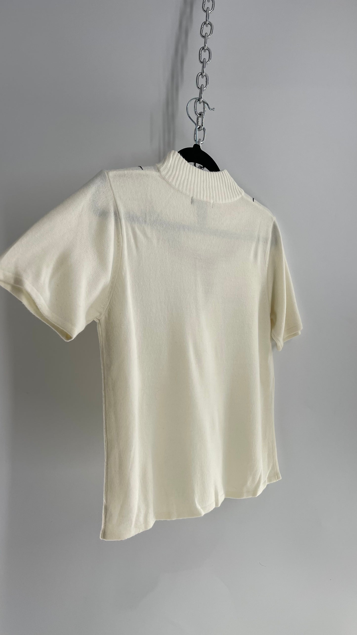 Vintage T&Company Ivory Mock Neck Knit with Embroidered Neckline (Small)