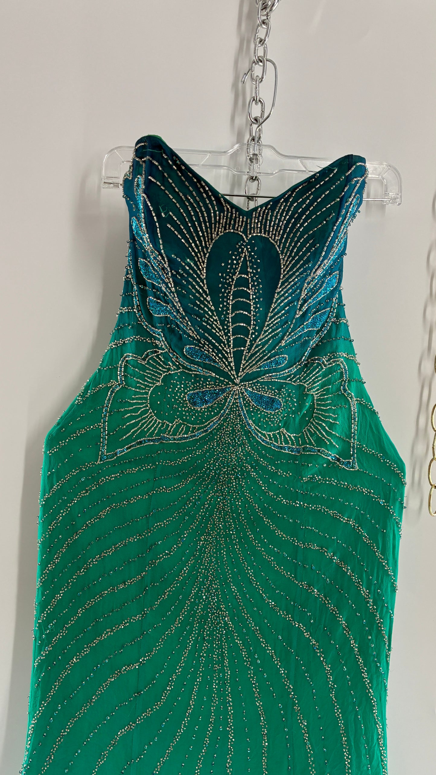 Vintage 1990s STUDIO17 100% Fully Beaded Silk Aquamarine Butterfly Dress (8)