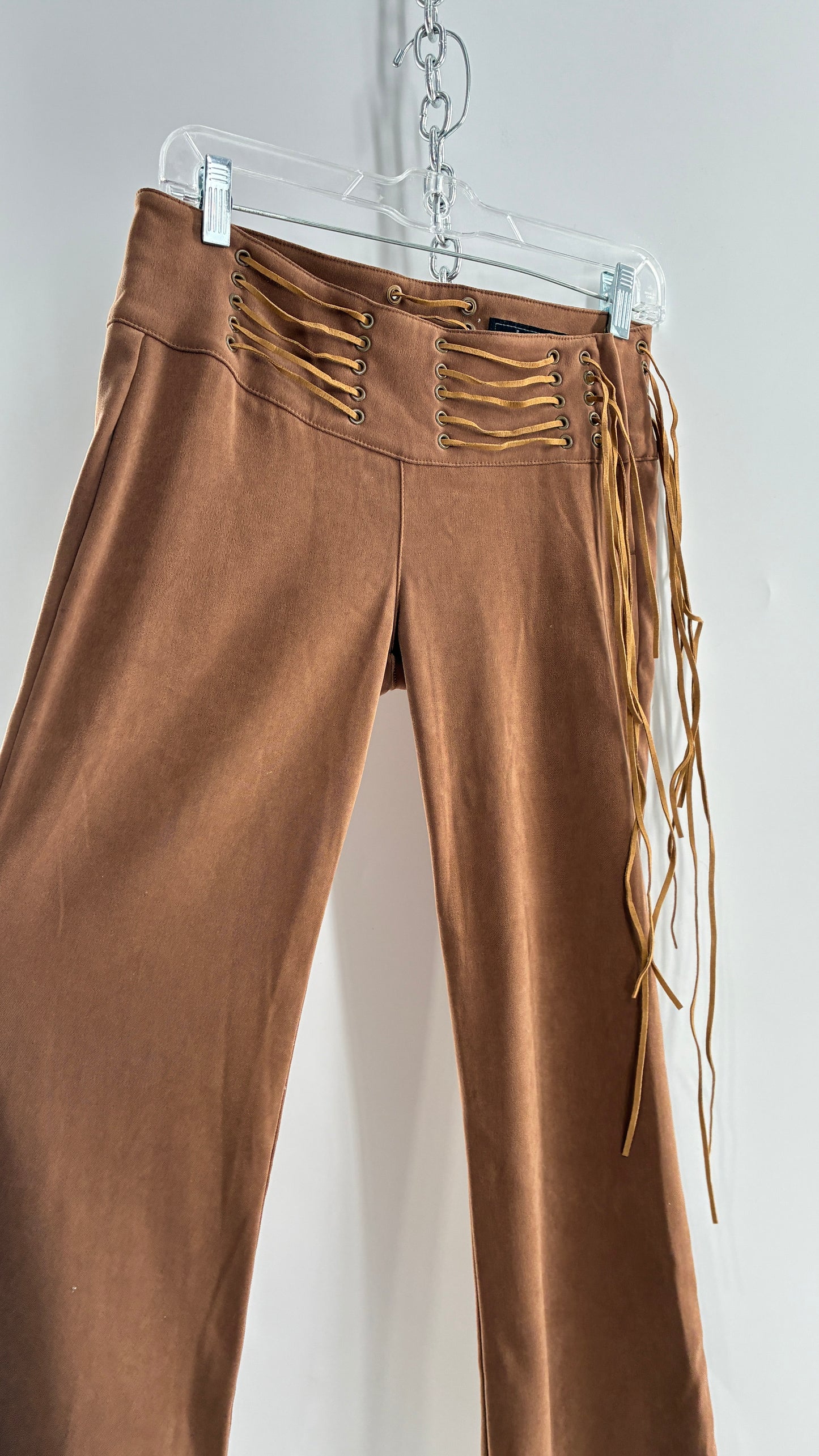 Vintage Rare L.E.I Low Rise Faux Suede Kick Flares with Wide, Thread Through Tassels Hip Band (5)