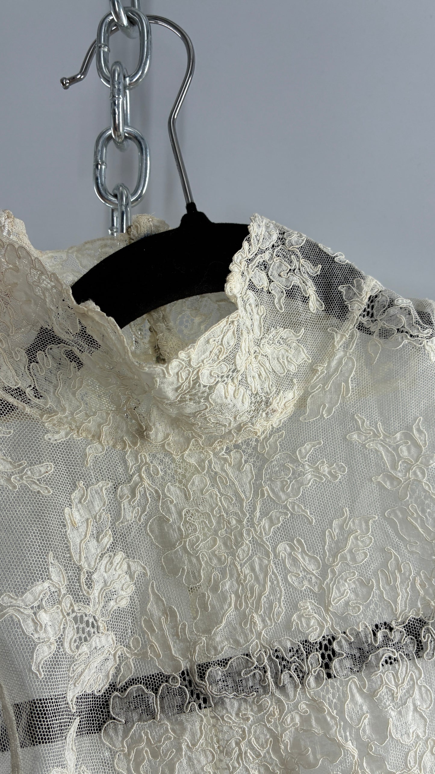 Vintage Antique Sheer Delicate Mesh, Mock Neck, Lace Paneled Camisole with Drawstring Waistline (XS/S)