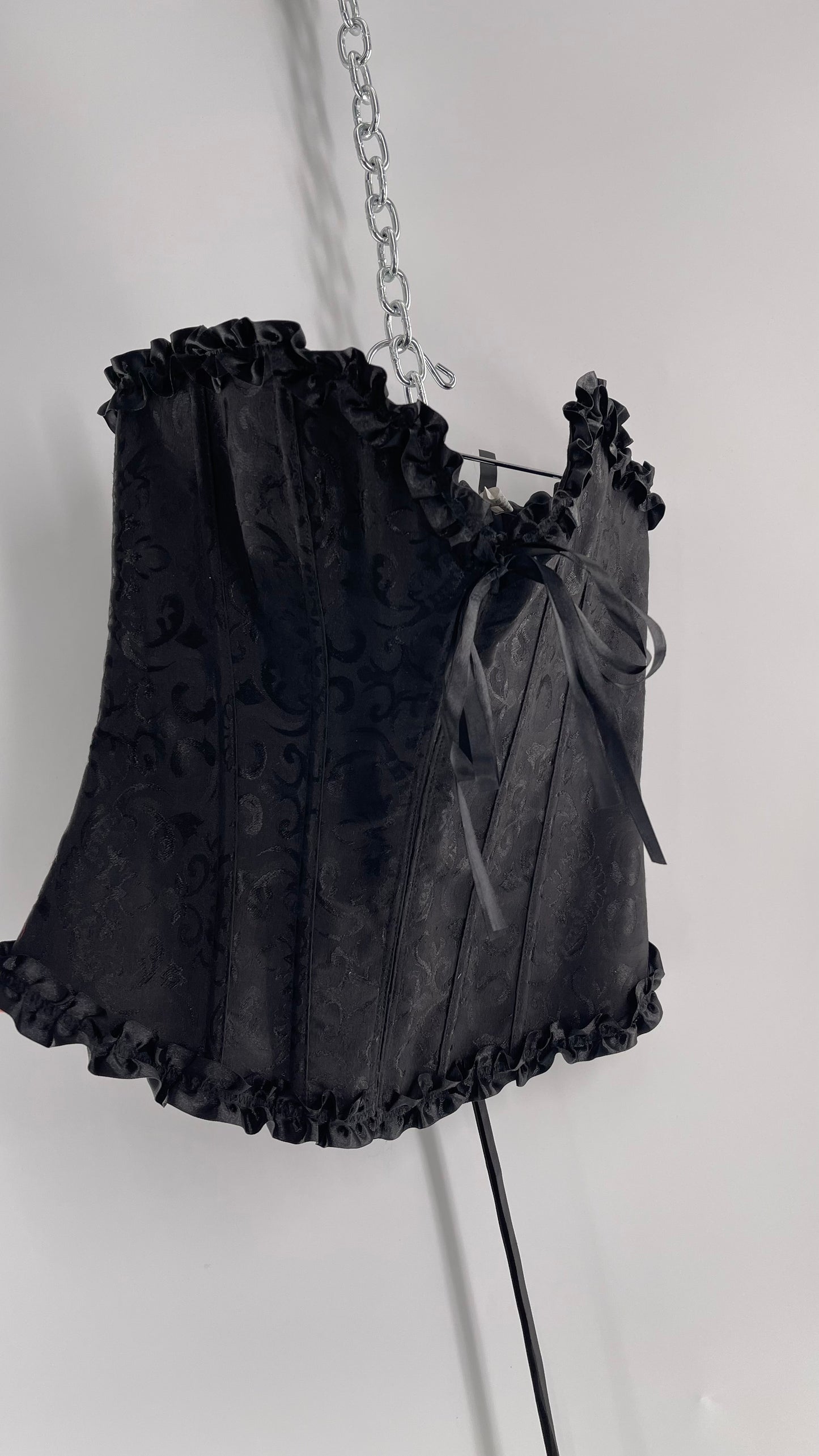 Adore Me Black Brocade Lace Back Ruffle Ribbon Trim (S/M)