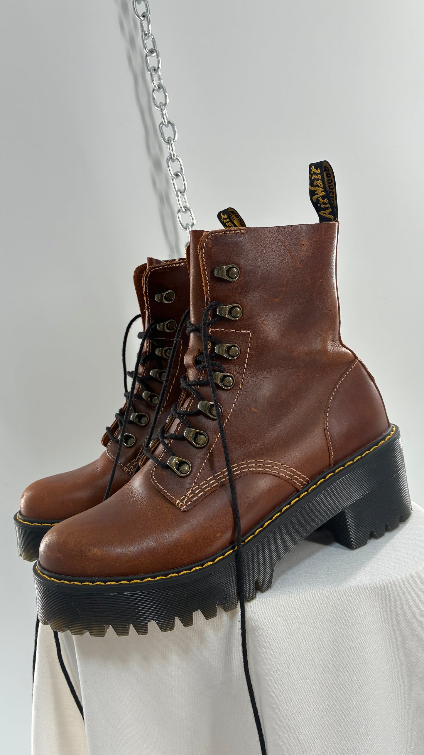 DR. MARTENS Leona Saddle Leather Platform Boots (9L)