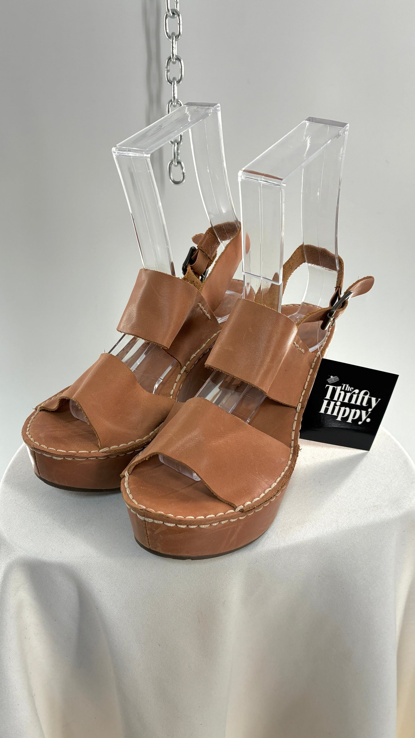 Chocolat Blu Tan Genuine Leather Wedge Platform Sandals (8.5)