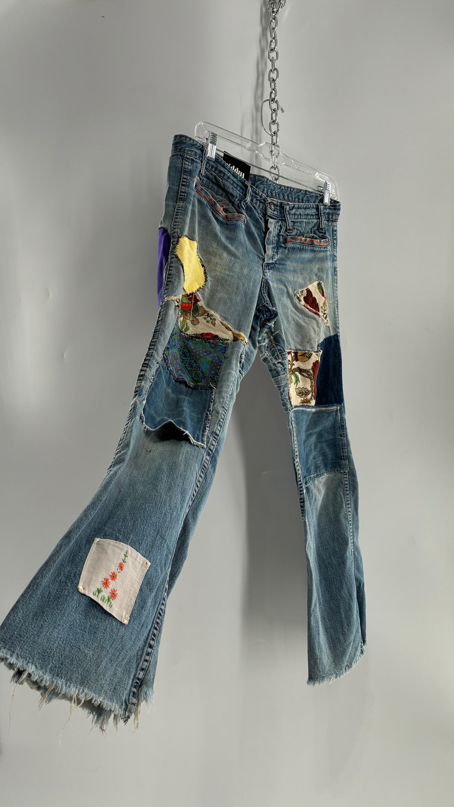 Vintage Rare 1970s Light Wash, Low Rise Boot Cut Jeans with Hand Stitched Tapestry Style Patches and Purple Heart on Bum (Measurements Below)