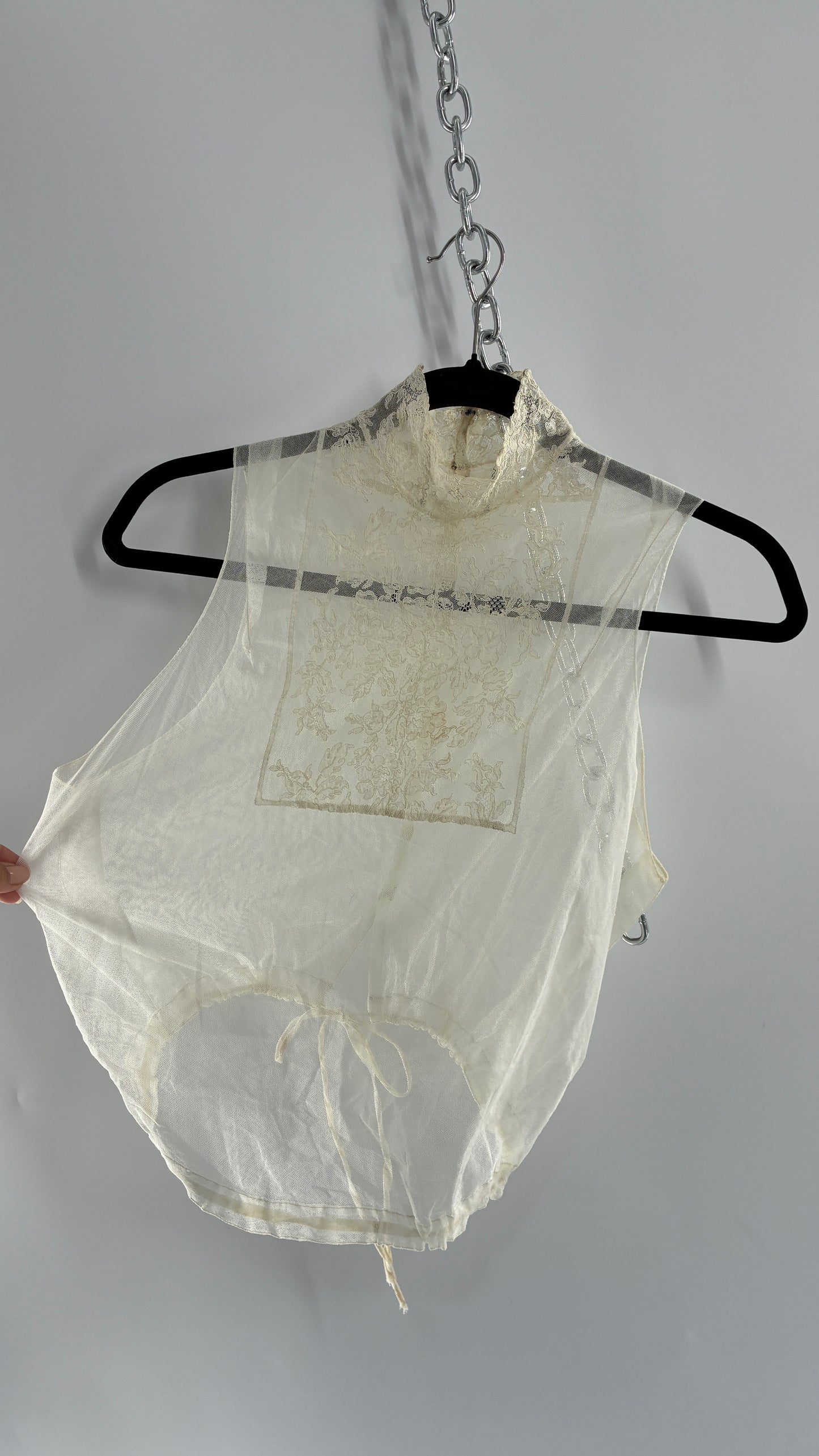 Vintage Antique Sheer Delicate Mesh, Mock Neck, Lace Paneled Camisole with Drawstring Waistline (XS/S)
