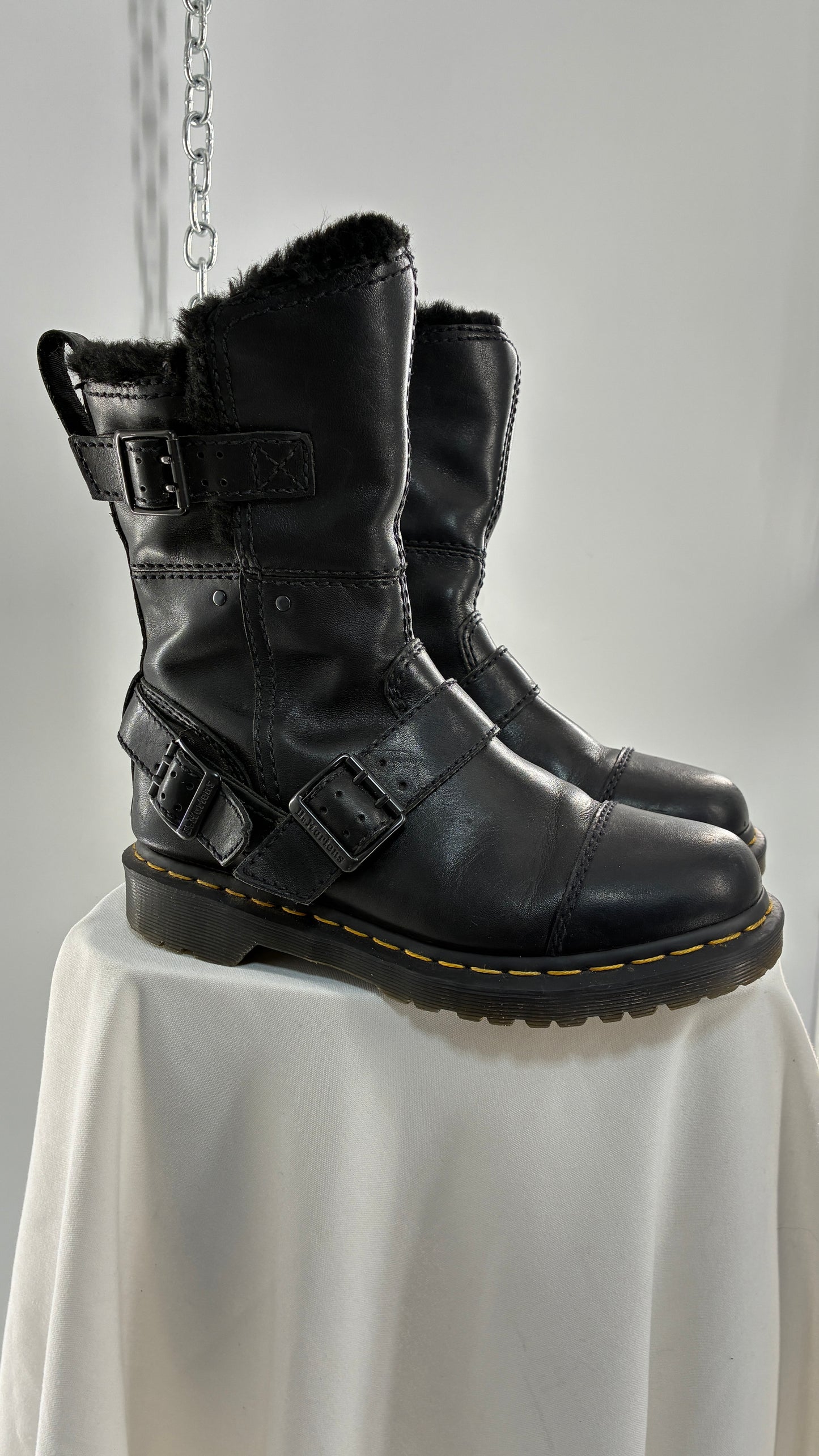 RARE Vintage Dr. Marten Kristy Mid Calf Faux Fur Black Leather Boots (8L)