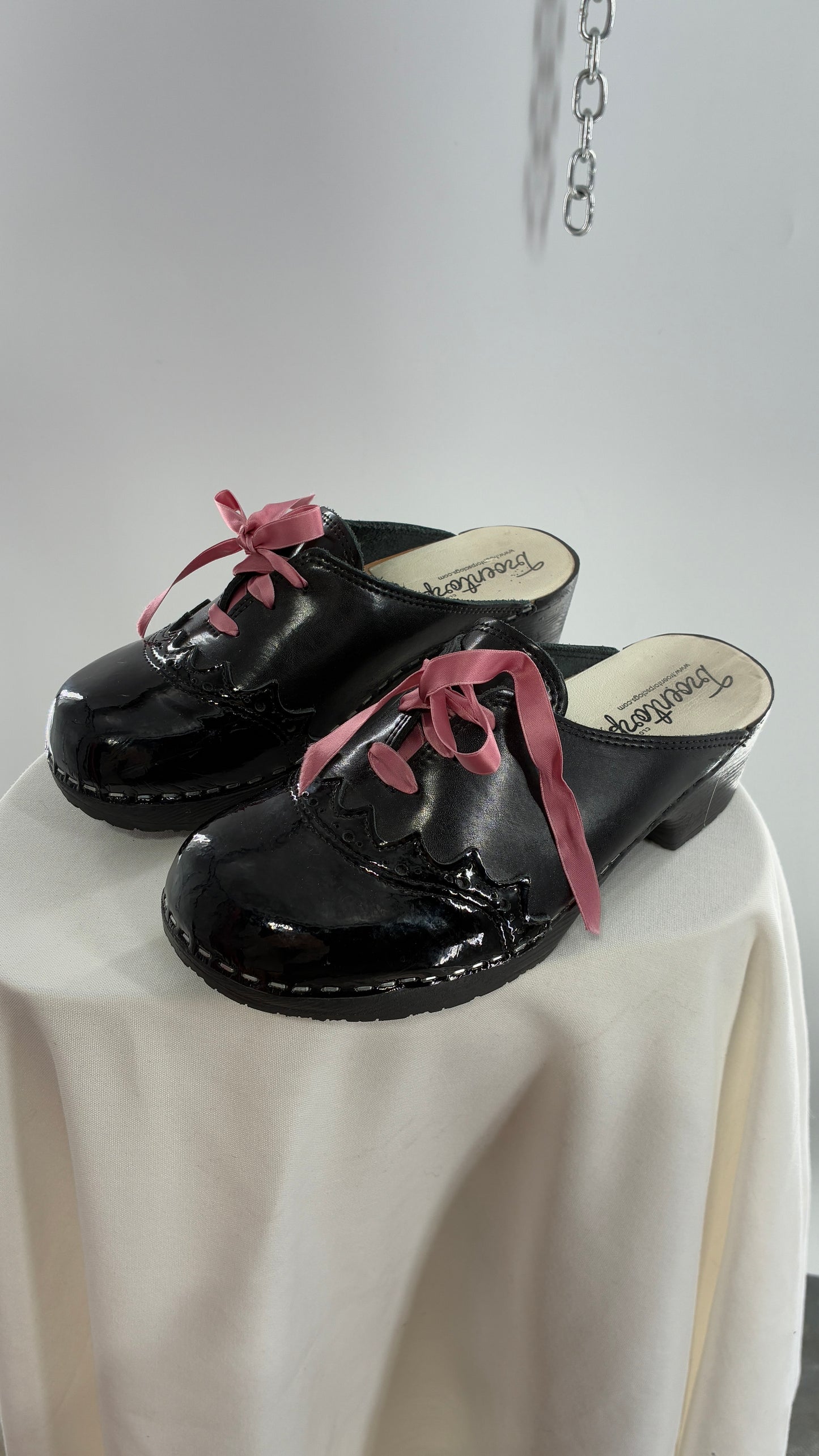 Vintage 1970s TROENTORPS Black Patent Leather Clogs with Ribbon Tie Detail (38)