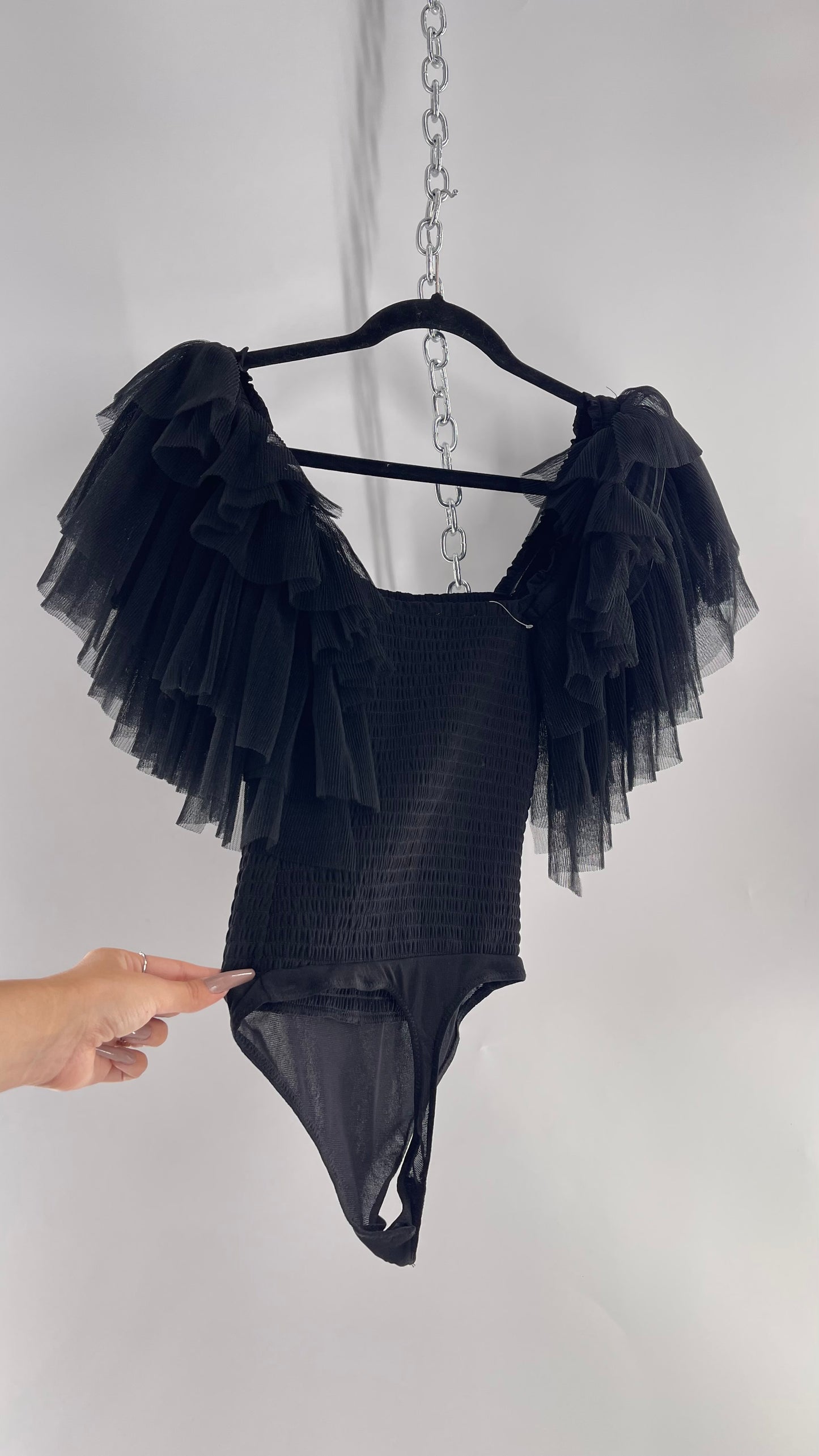 Free People Black Swan Tulle Sleeve Bodysuit (XS)