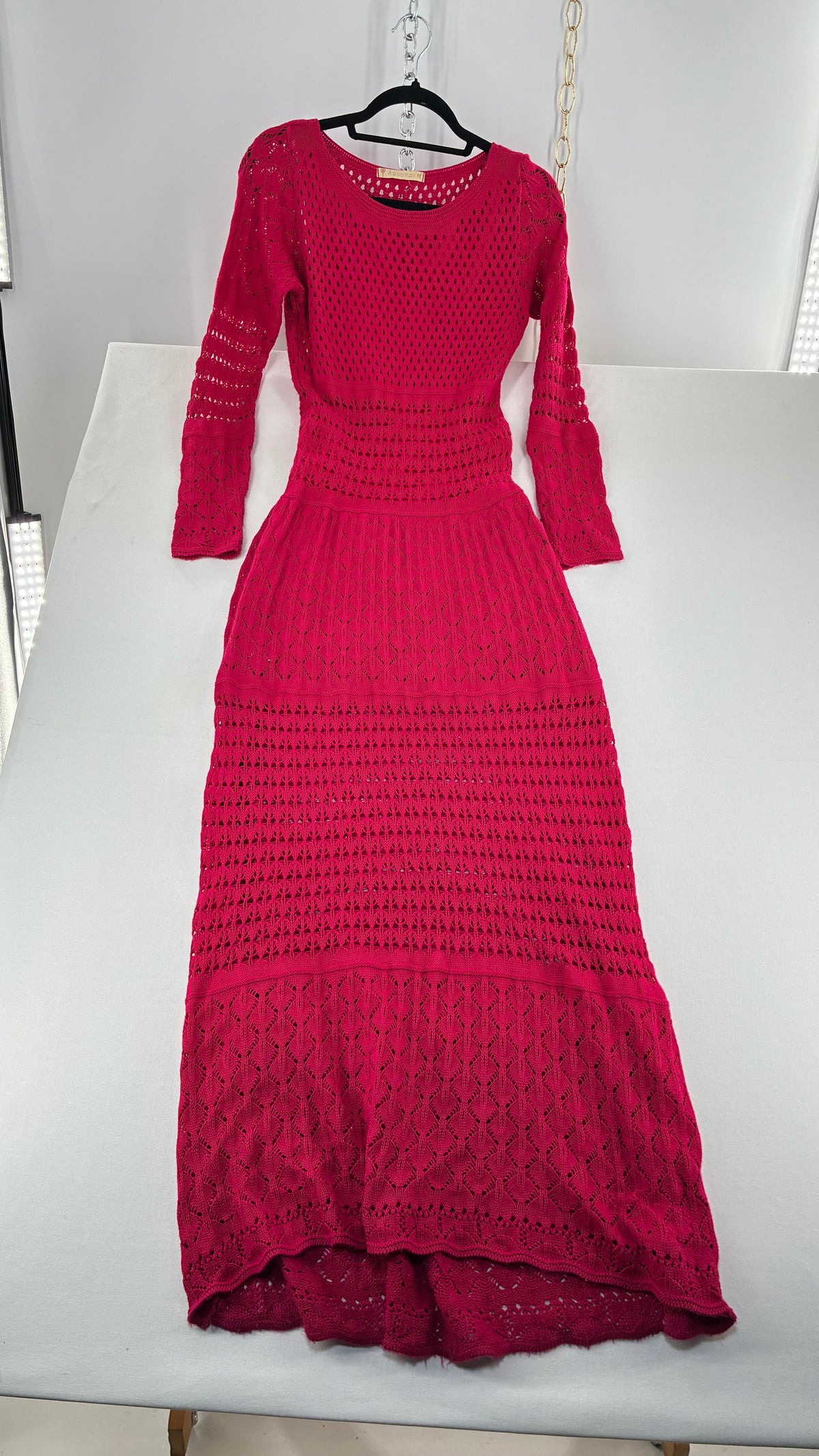 Imported Vintage AQUAMAR Hot Pink Crochet Full Length Dress with Waist Definition  (M)