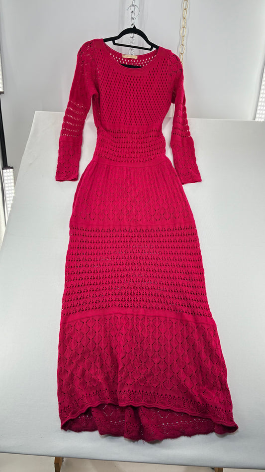 Imported Vintage AQUAMAR Hot Pink Crochet Full Length Dress with Waist Definition  (M)