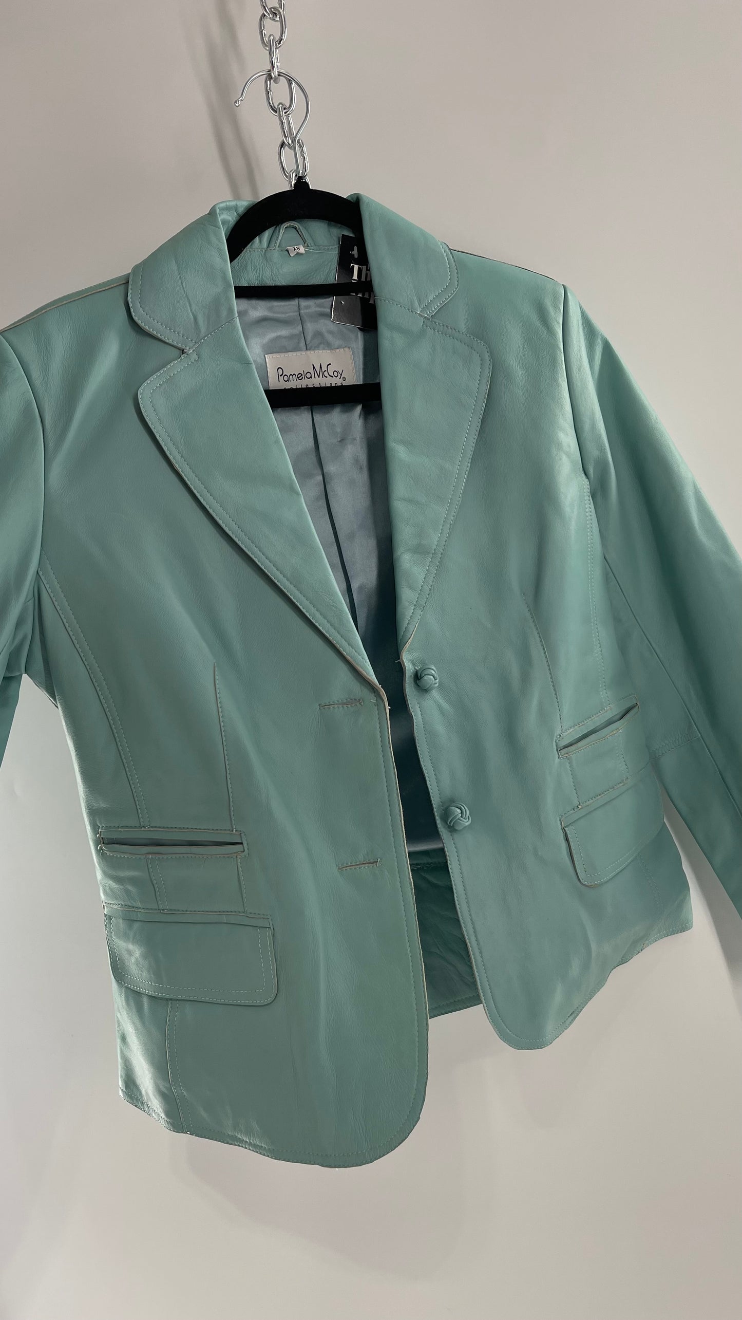 Vintage 1990s Pamela McCoy Eggshell/Tiffany Blue Leather Blazer Jacket (XS)