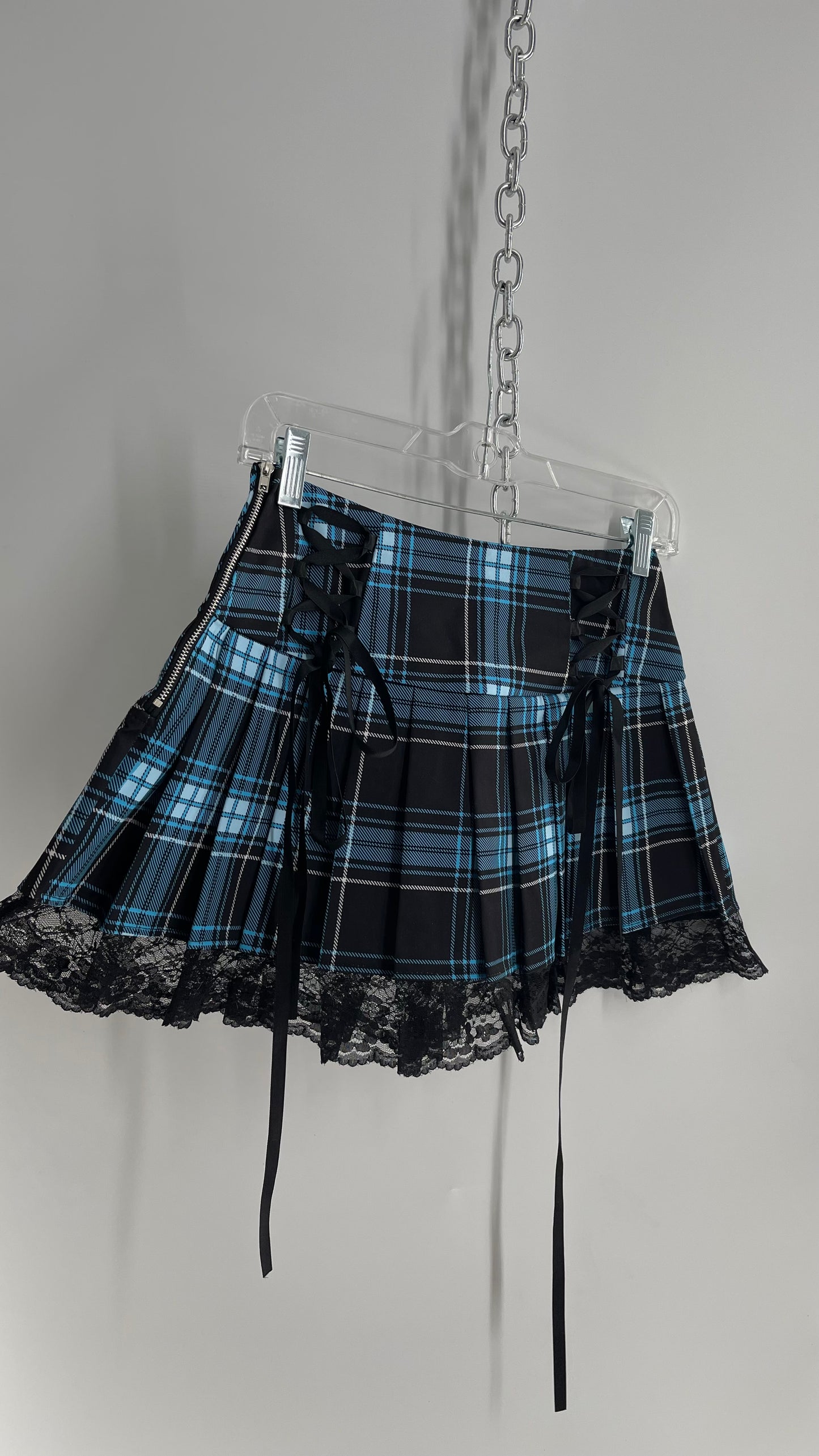 Vintage Blue Black Tartan Lace Up/Lace Trim Pleated Mini Skirt (Small)