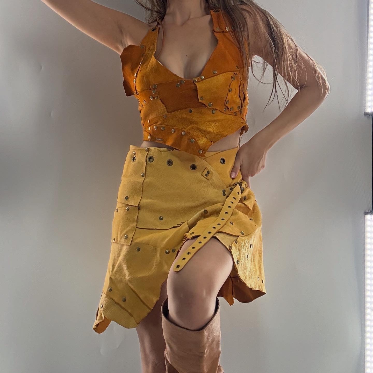 Handmade 1 of 1 and Pressed Genuine Suede and Pebbled Leather Reversible Corset Top and Grommet Skirt Set (XS-M)