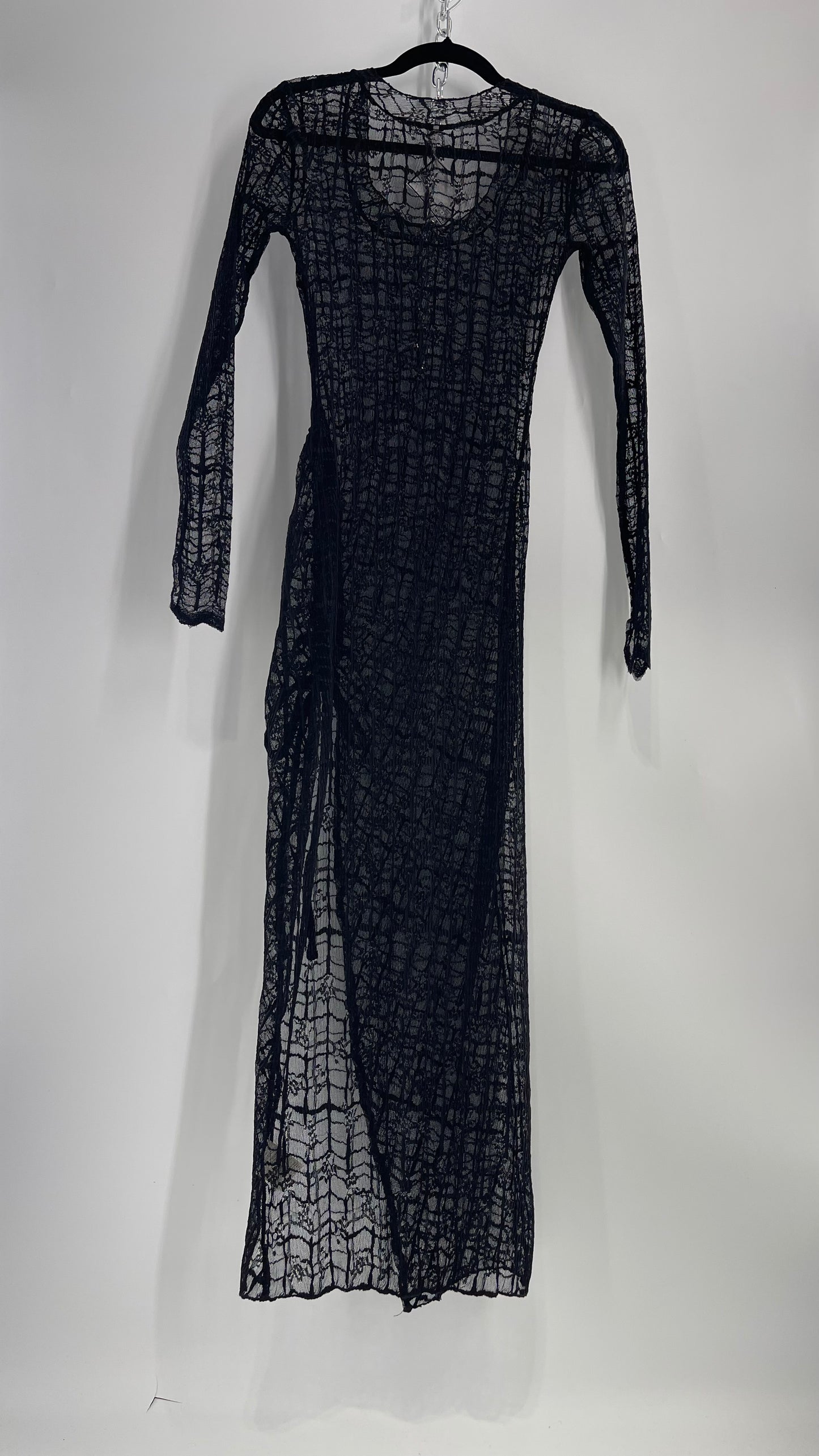 Free People Sabina Black Sheer Crimped Lace Long Sleeve Maxi with Ruched Slit (XS)