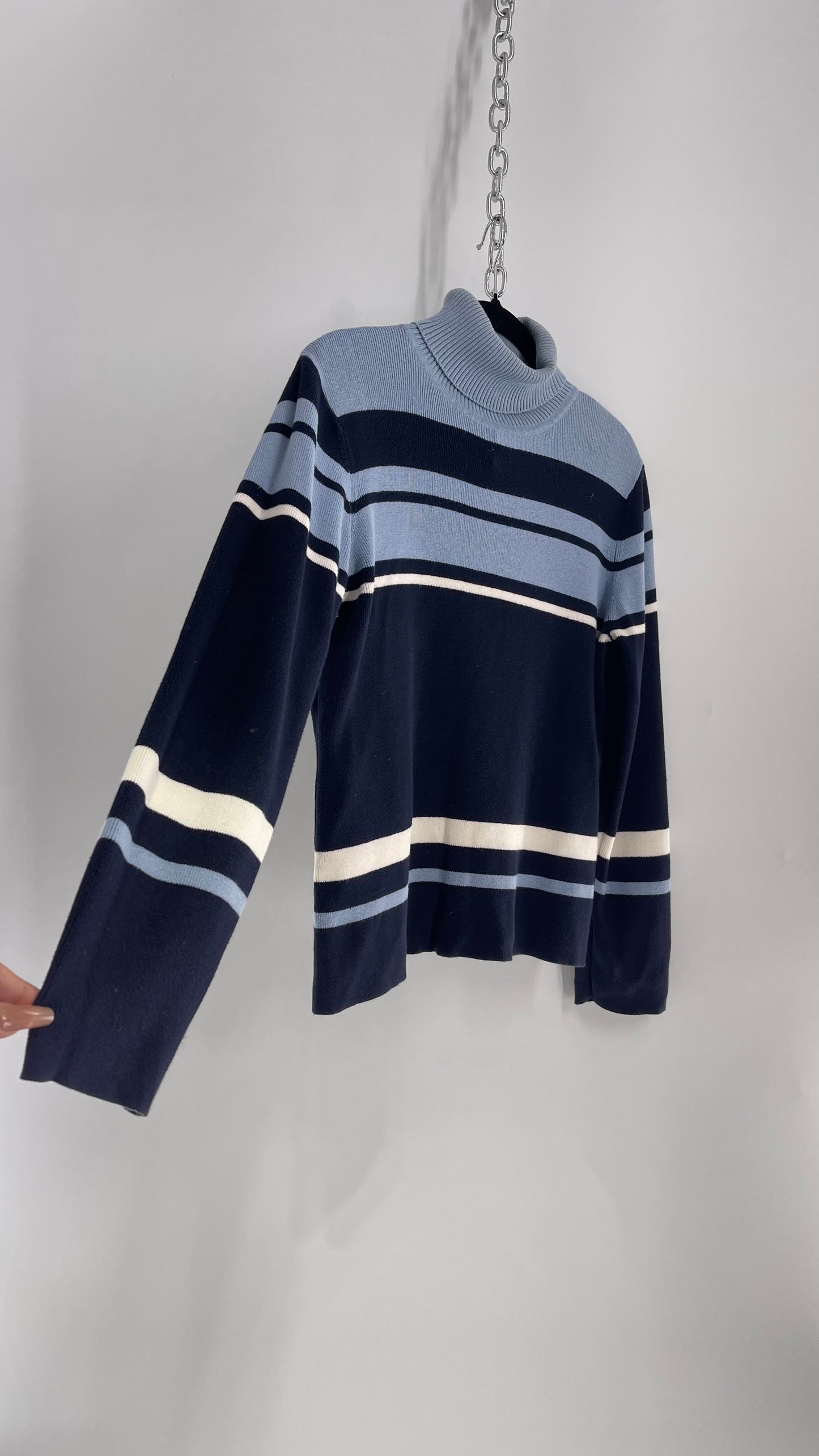 Vintage Style&Co Blue Striped Knit Turtleneck Sweater (Large)