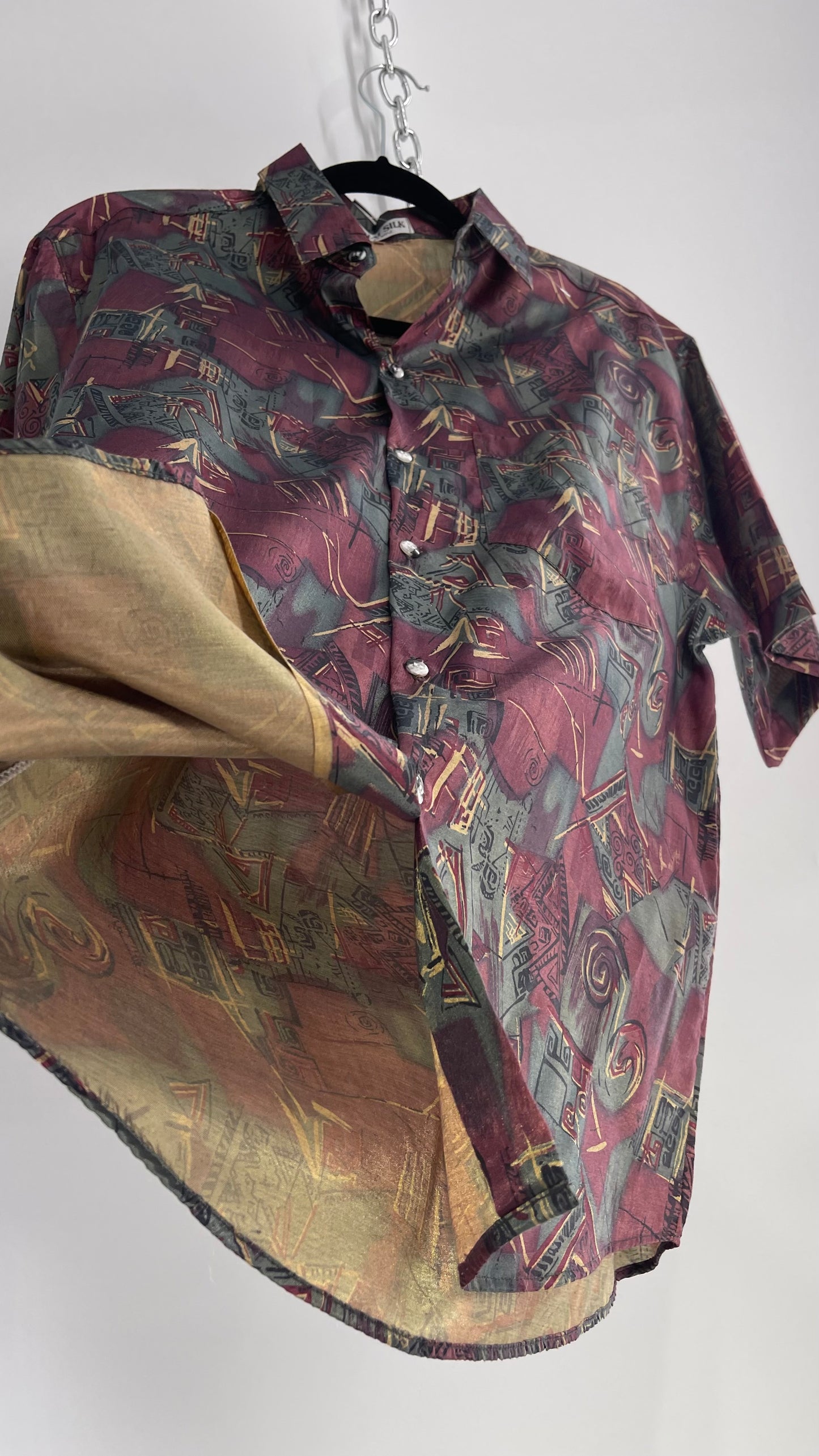 Vintage 1980s Thai Silk Burgundy Abstract Button Up (Medium)