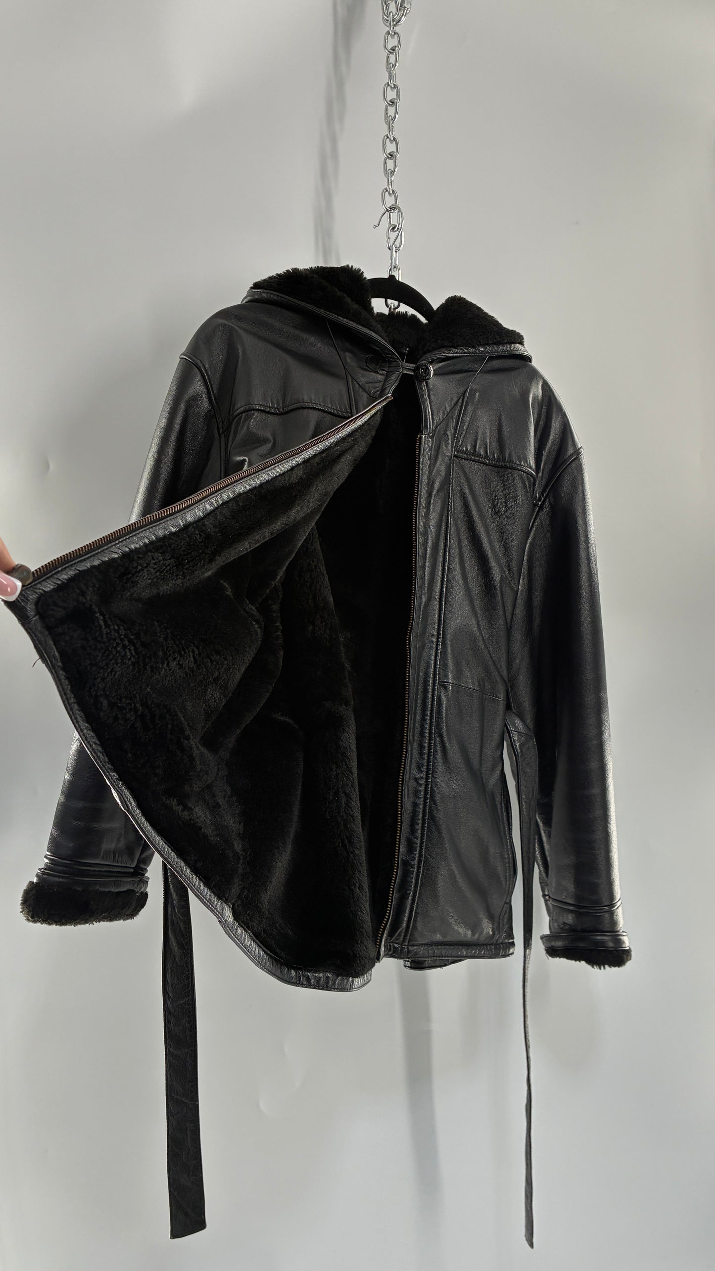 Vintage WILSON’S Fur Lined, Genuine Leather Waist Tie Jacket with Hood (Medium)