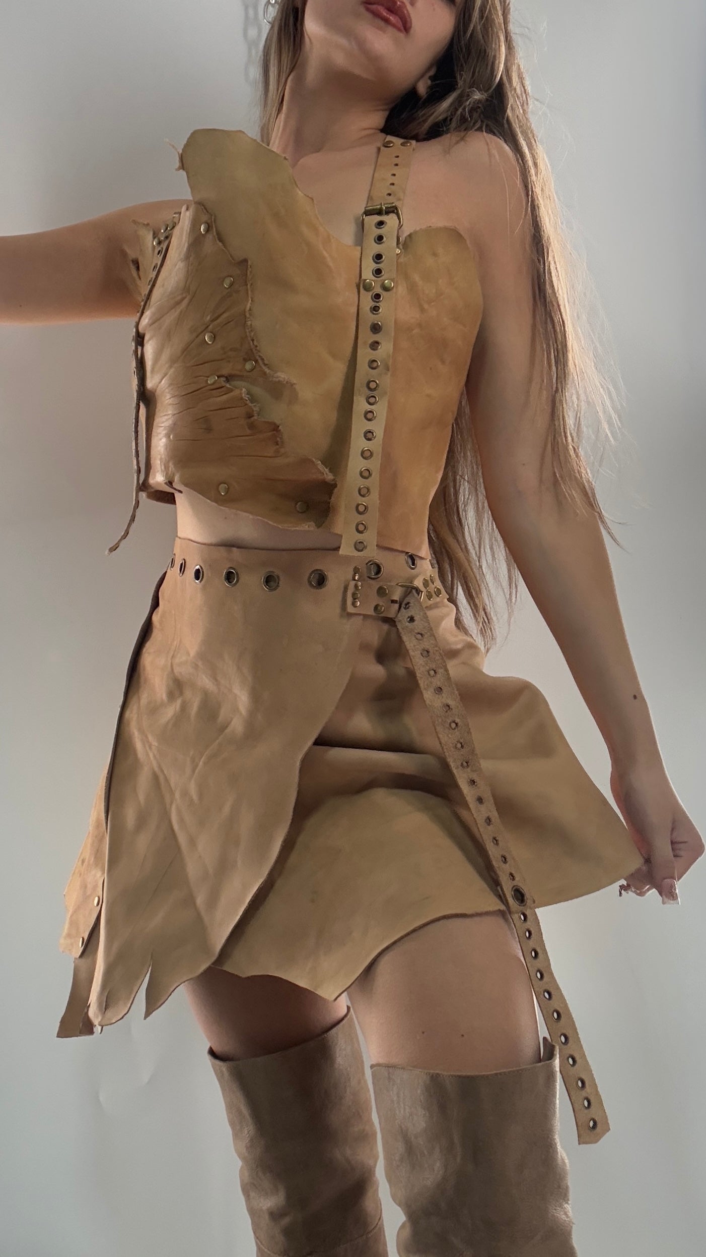 CUSTOM Handmade Rugged and Reversible Distressed Leather Two Piece Set with Grommet Waistband (XS-XL)