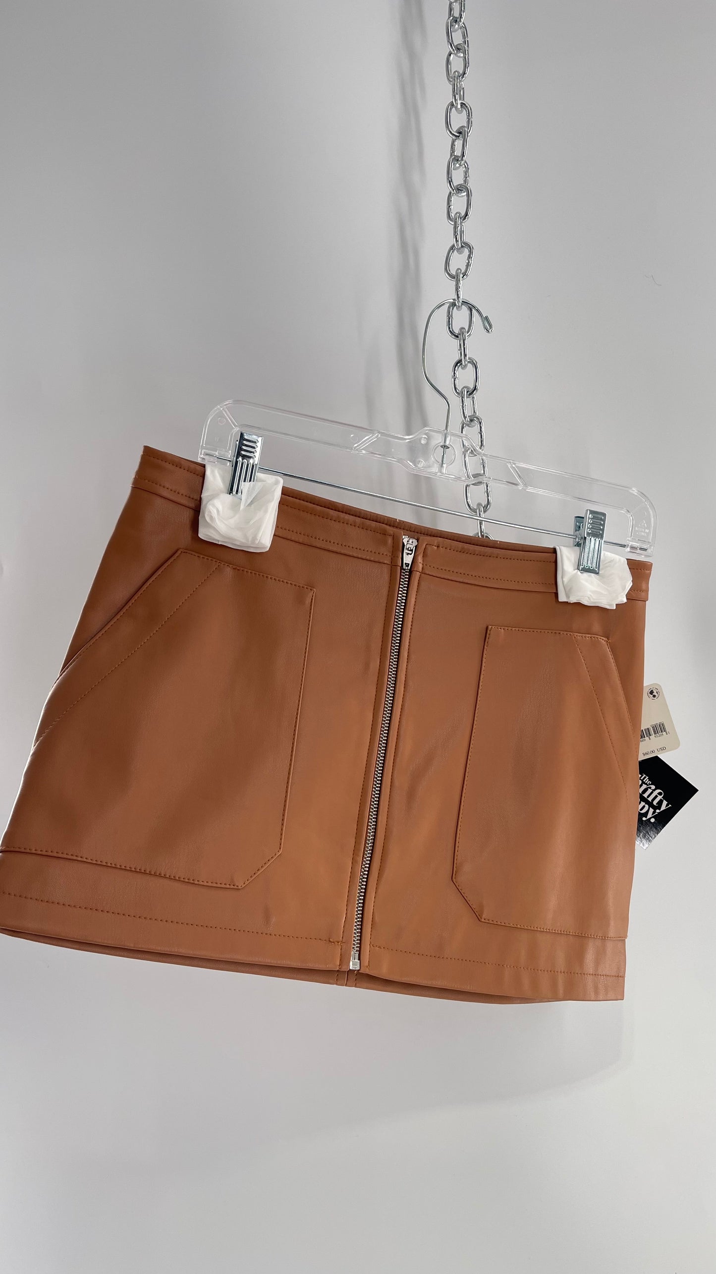 Free People Cognac Brown Vegan Leather Zip Front Skirt with Tags Attached (6)