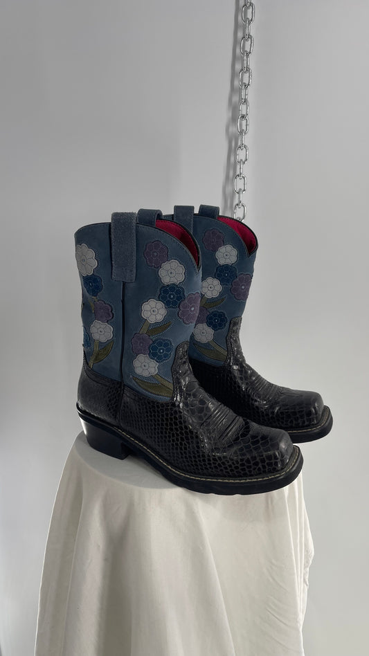 Vintage Ariat Square Toe Boots with Suede Blue Flowers (11)