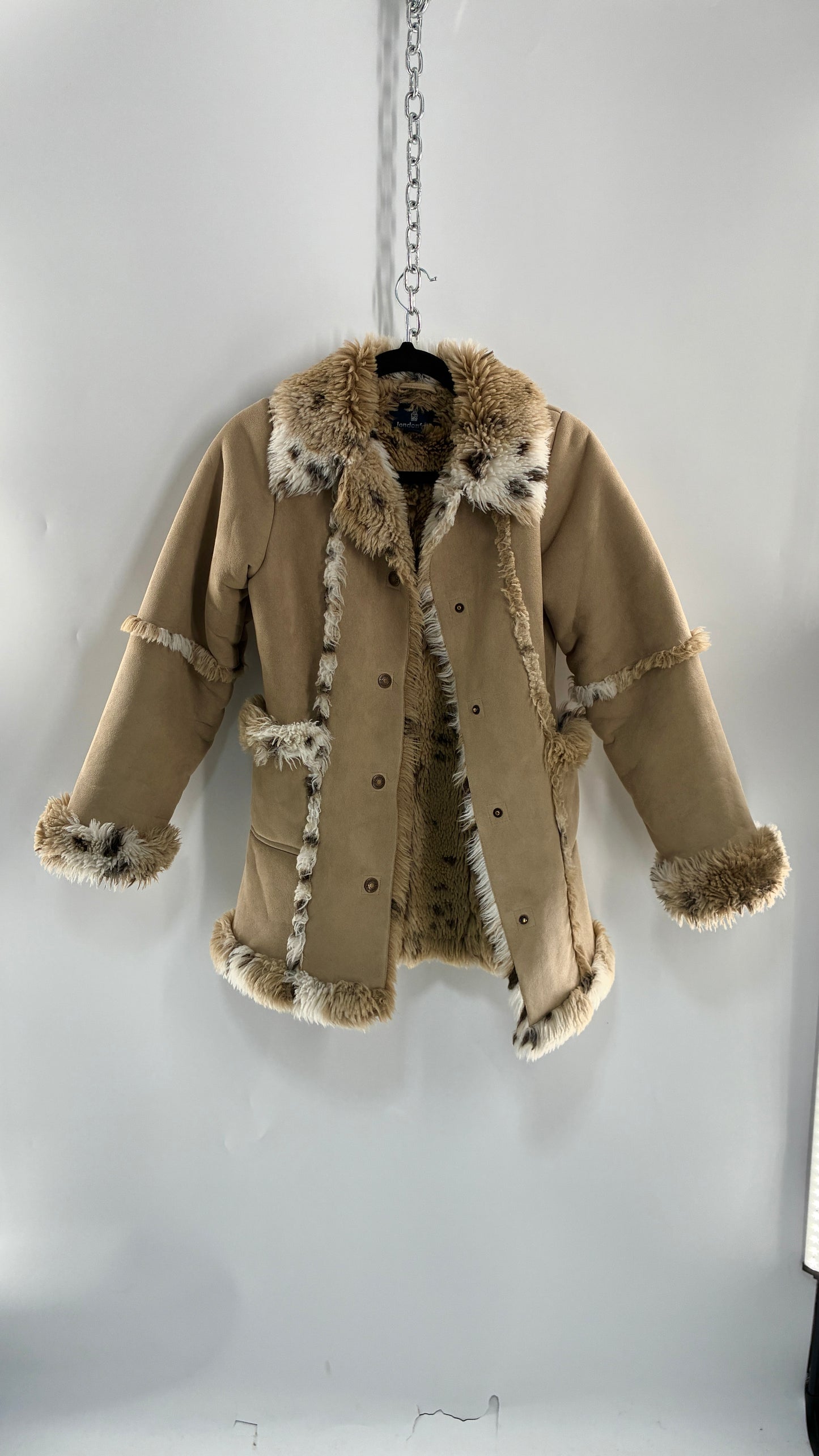 LONDON FOG (10/12) Vegan Suede Coat with Leopard Patterned Piping, Trim and Collar