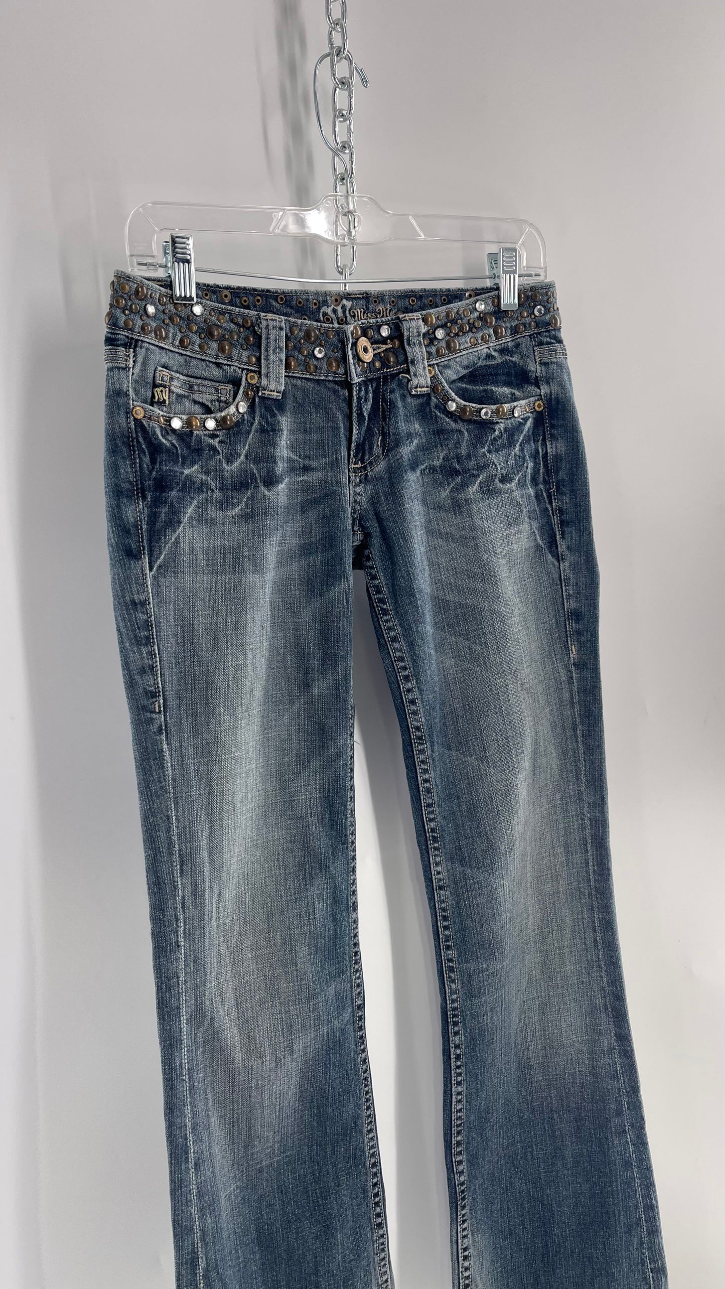 Vintage Miss Me Grainy Stone Wash Kick Flares with Studded Low Waist and Back Pockets (26)