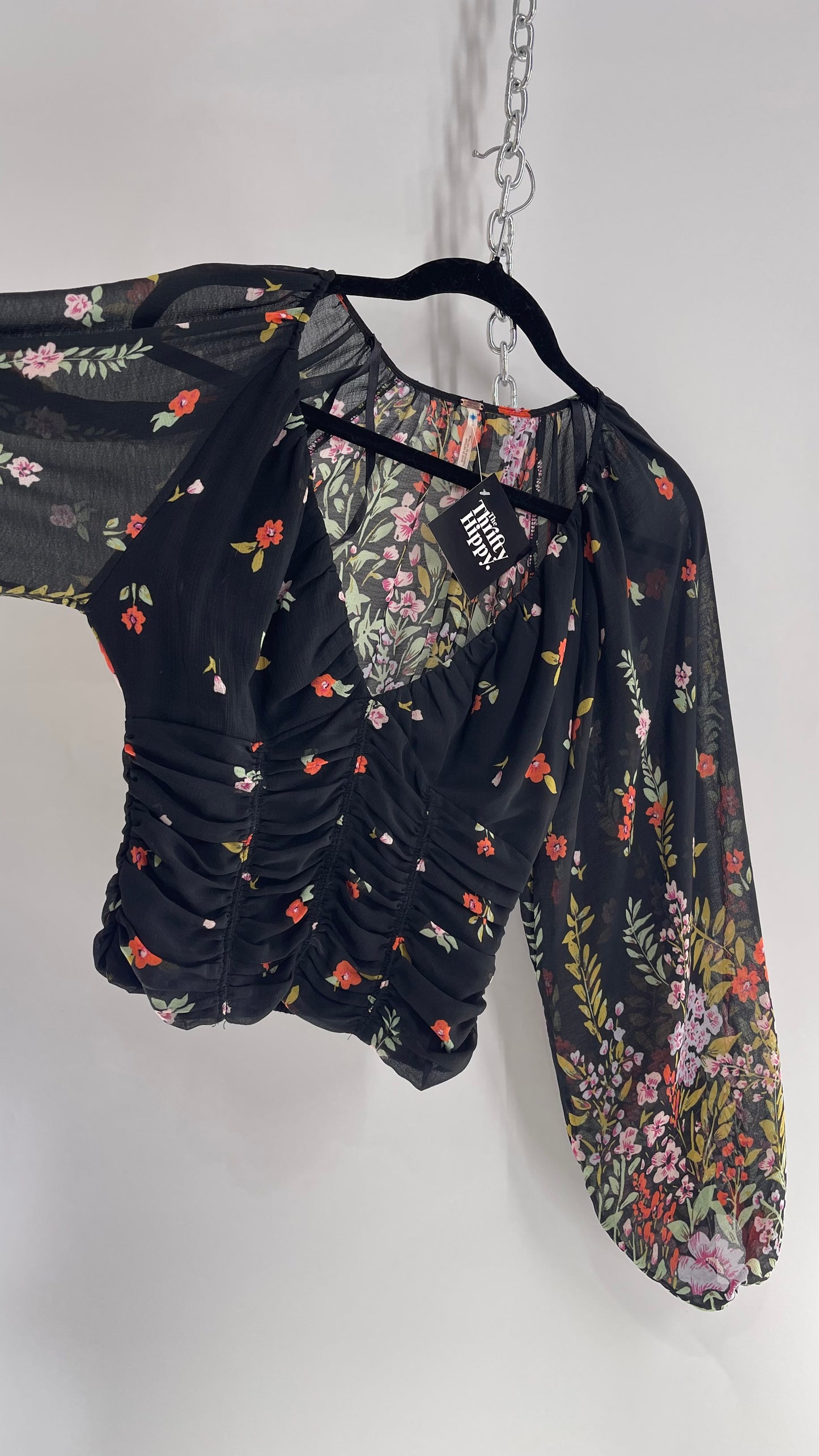 Free People Black Contrast Floral Bubble Sleeve Blouse with Ruched Bodice (XS)