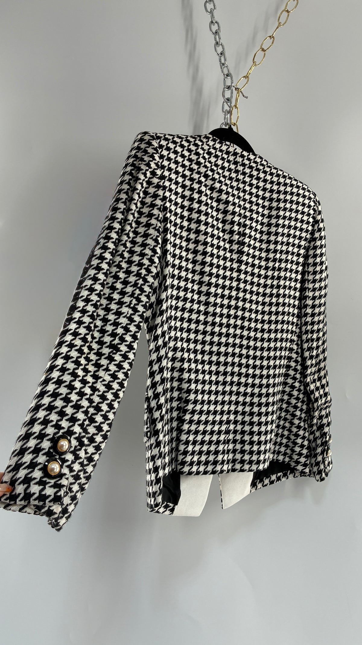 Vintage KASPER for ASL Knit Houndstooth Blazer with Gold Brooch and Pearlescent Buttons(4 Petite)