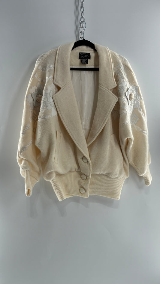 Vintage SUZELLE 70% Lambswool, 20% Angora Rabbit Off White Woven Bomber Jacket with Leather Flower Appliqués  (Medium)