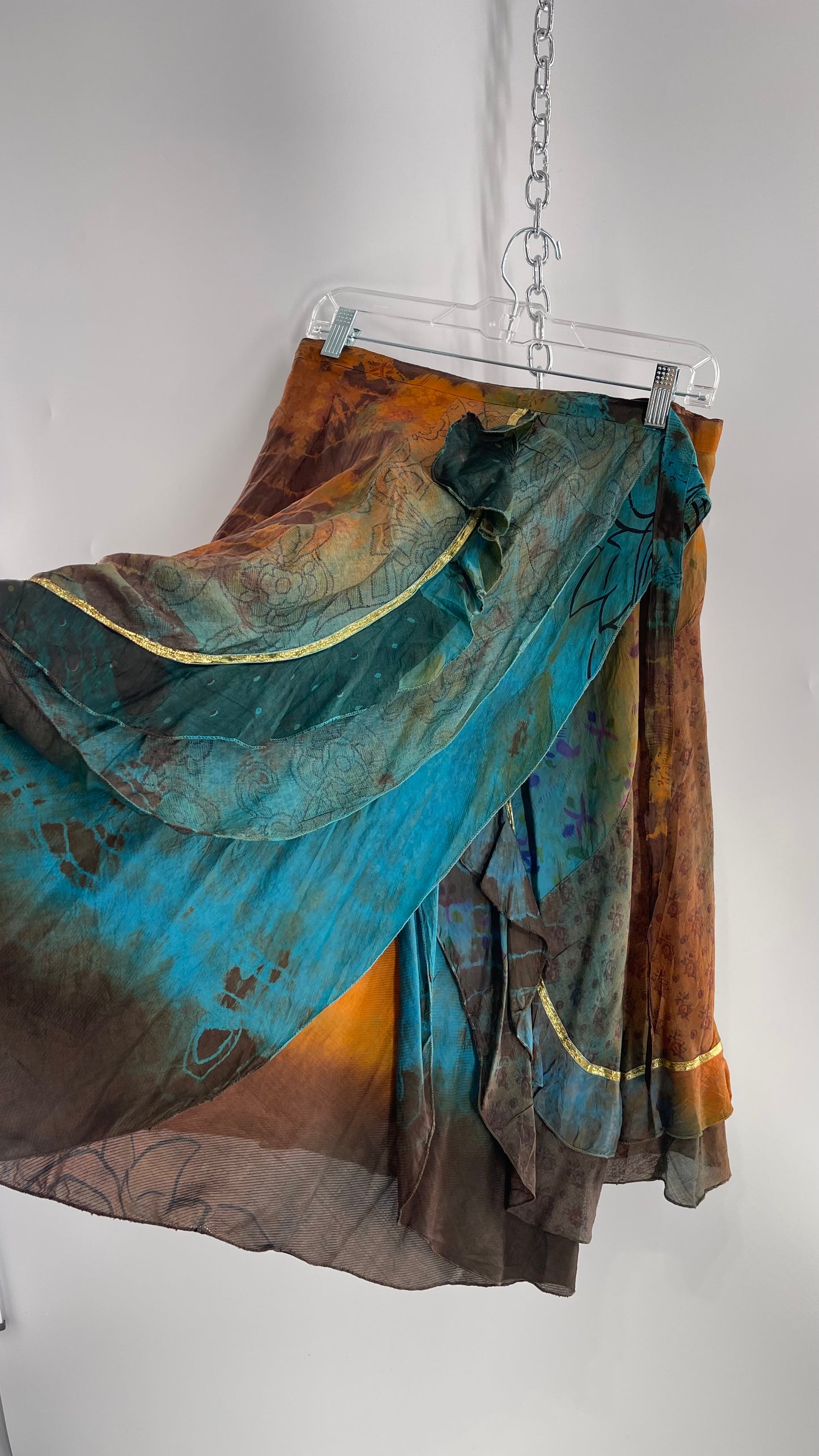 CHIC THING 100% Silk Blue/Brown Tie Dye Tie Around Skirt (S)