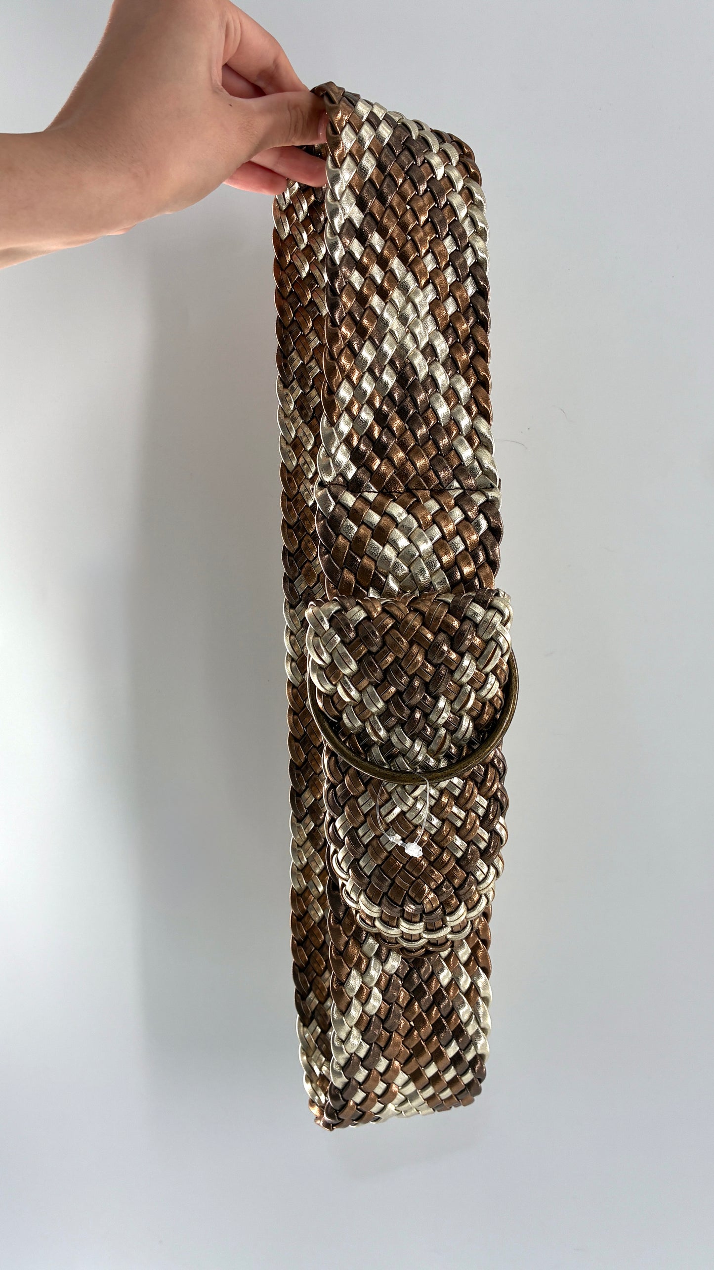 Vintage Metallics Silver Bronze Woven Wide Hip Belt with Oversized Bronze Round Buckles (One Size)