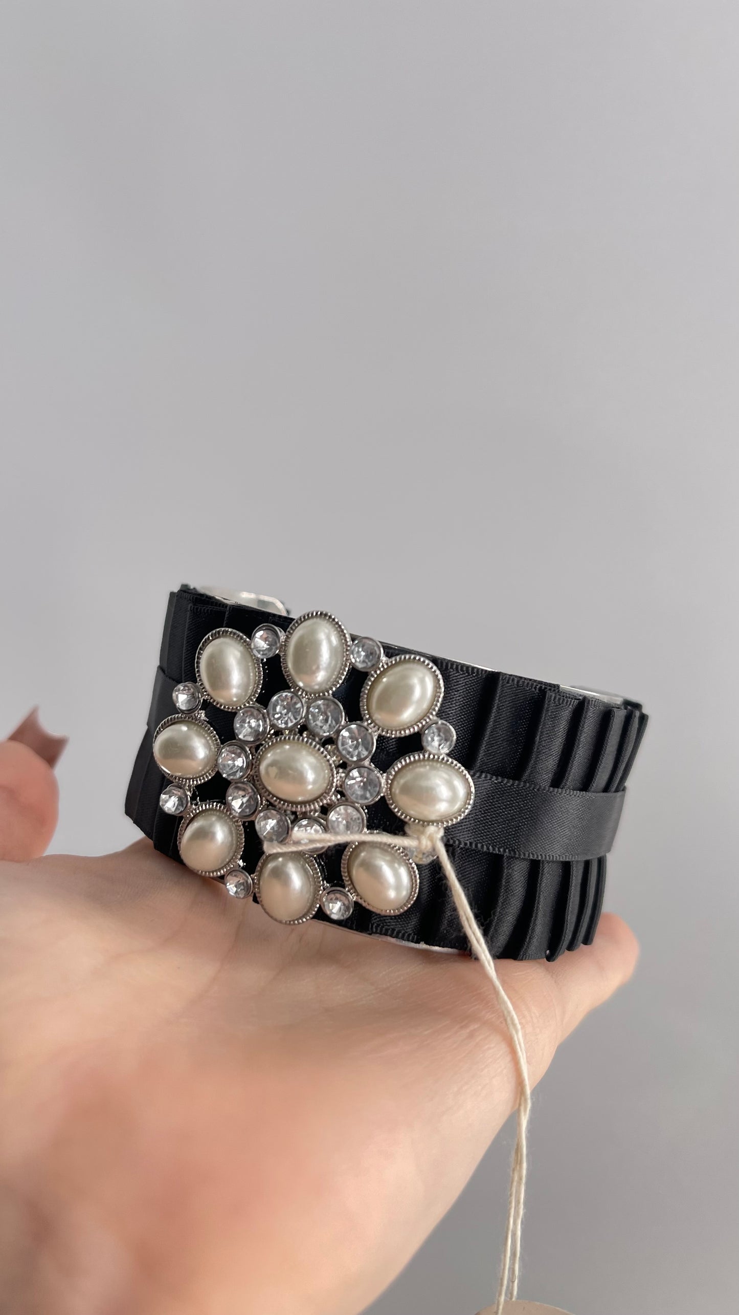 Vintage Black Pearl Ribbon Adjustable Bracelet, Arm Cuff